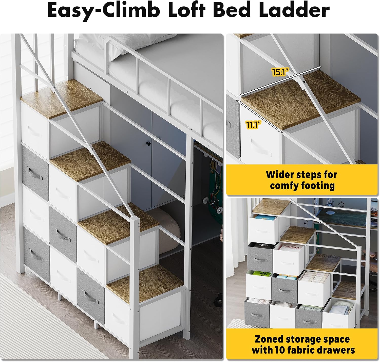 Kikihouse Twin Size Loft Bed with Desk, Stairs & LED Light, Metal Gaming Loft Bed Frame with Headboard, Safety Guardrail, Charging Station, Closet and 12 Fabric Drawers, Space Saving, White & Oak