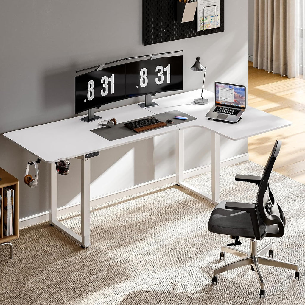 ONBRILL L Shaped Standing Desk, 71x43 Inches Electric L Stand Up Desk with 4 Legs, Dual Motor and Memory Controller, Adjustable Height from 28-46 Inches for Home and Computer Workstation, White