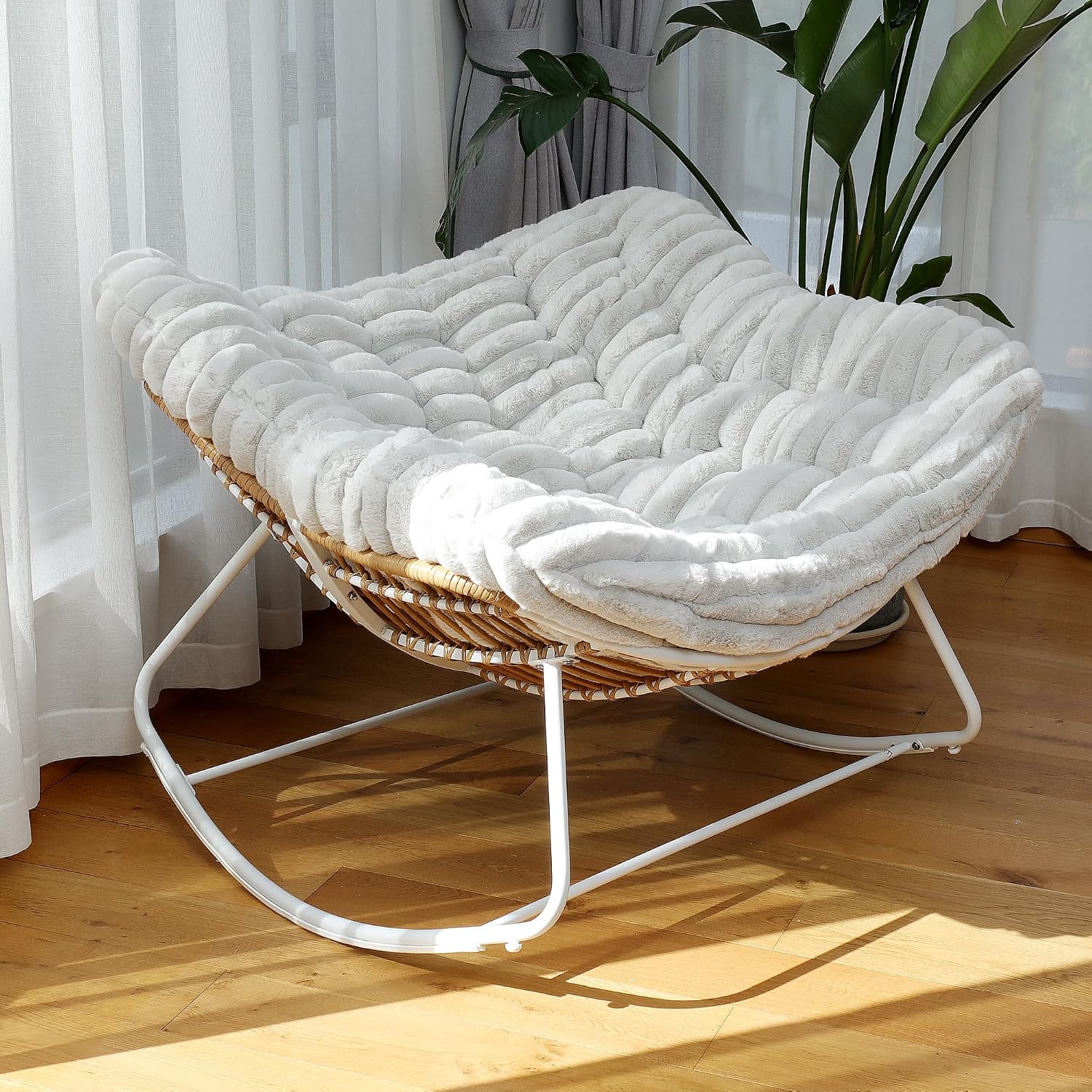 Papasan Rocking Chair, Rattan Rocking Chair, Oversized Outdoor Chair with Deep Seat Thick Cushion, Patio Rocking Chair for Bedroom/Porch/Garden (Light Grey & White)
