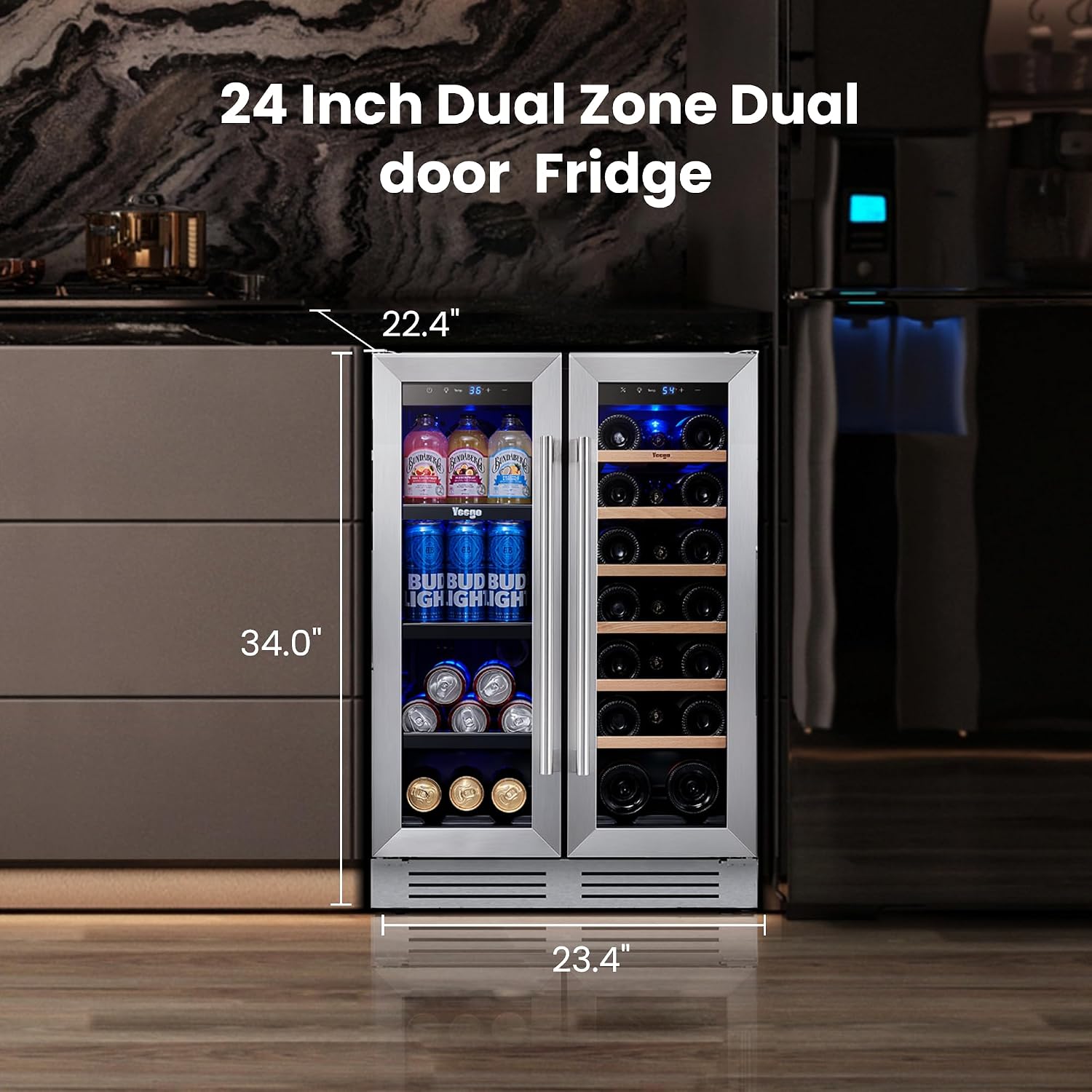 Yeego Wine and Beverage Refrigerator, 24 Inch Dual Zone Wine Fridge, Built-in or Freestanding Wine Cooler with Glass Doors, Under Counter Drink Fridge for Wine/Beer/Soda/Water