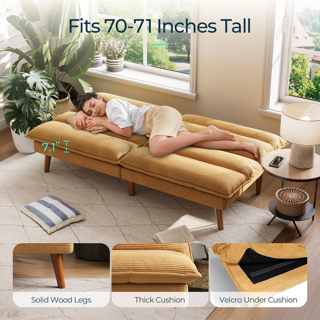 LINSY HOME Futon Sofa Bed - Convertible Corduroy Futon Couch Bed with Adjustable Backrest, Modern Small Loveseat Sleeper Sofa for Small Spaces, Living Room, Apartment or Office (Yellow)