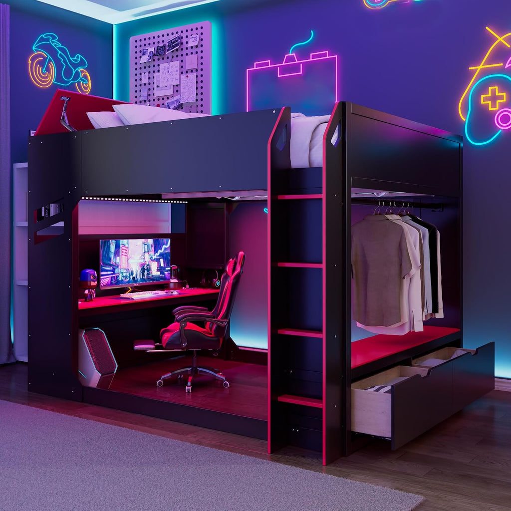 Merax Wood Loft Bed with Height-Adjustable Desk,Drawers,Storage Compartments,Hanging Rod and RGB Lights, Full Size, Red