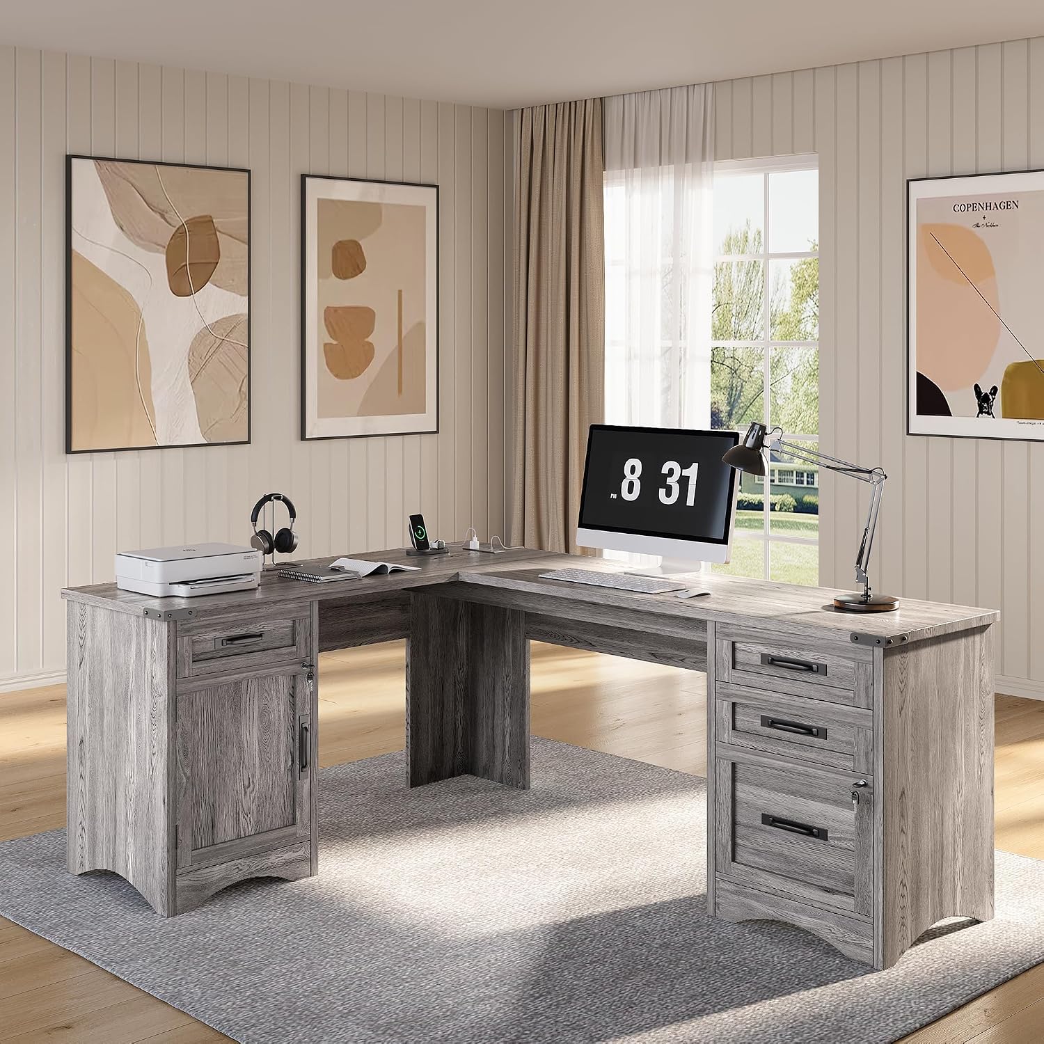 Decofy L Shaped Farmhouse Executive Desk with Drawers, 67' Home Office Desks with Fast Charging Station, Lockable File Cabinet, Wood Writing Computer Desk for Work, Study, Grey