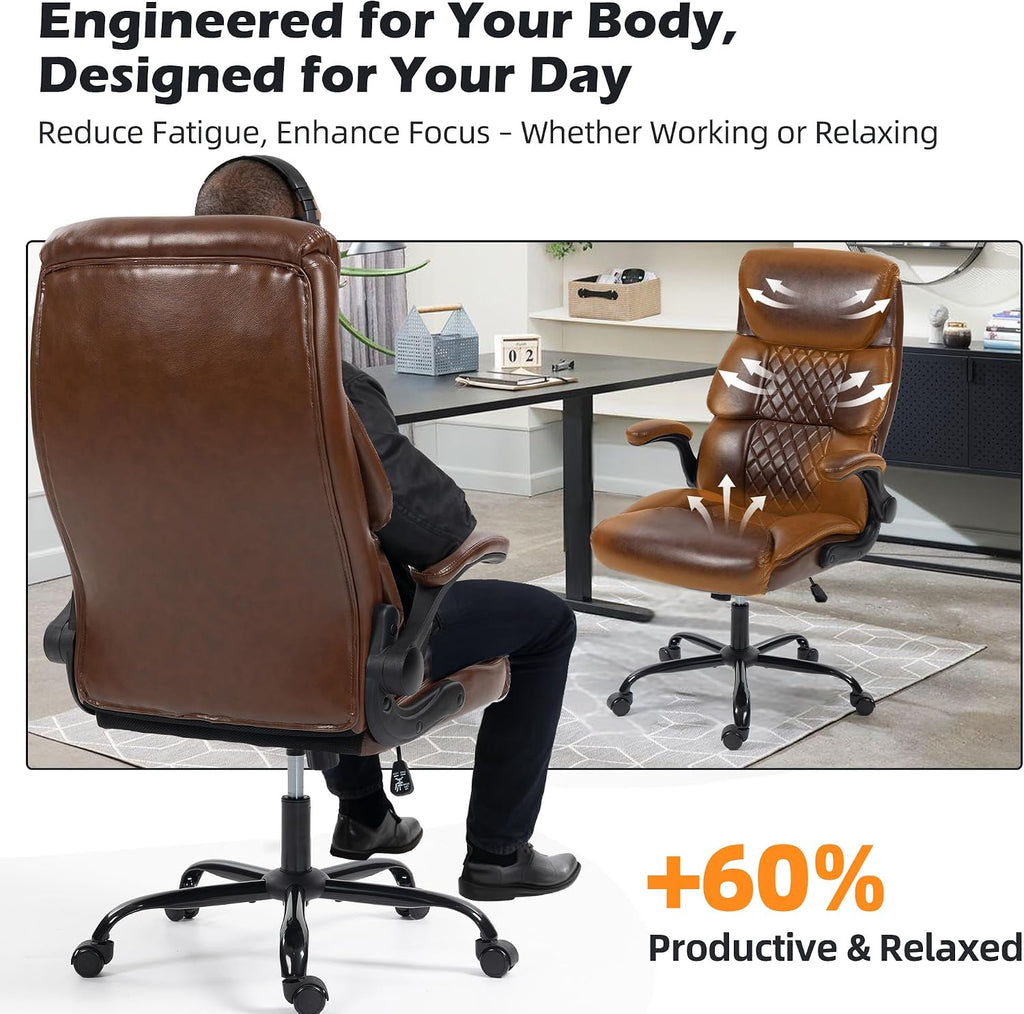 Office Chair - Ergonomic High Back Computer Desk Chair with Rocking Function & Lumbar Support - Executive Comfortable Wide Swivel Rolling Office Leather Chair with Flip-up Armrests for Home Gaming