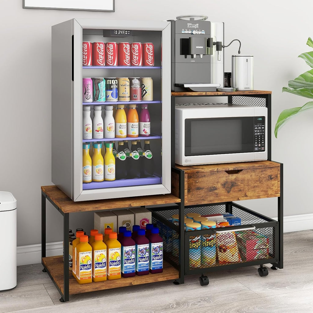 PUNCIA Mini Fridge Stand with Storage, Coffee Bar Cabinet with Power Outlet and Drawer, Microwave Oven Stand with Rolling Basket, Beverage Refrigerator Table for Home, Dorm, Apartment, Pantry, Retro