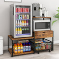 PUNCIA Mini Fridge Stand with Storage, Coffee Bar Cabinet with Power Outlet and Drawer, Microwave Oven Stand with Rolling Basket, Beverage Refrigerator Table for Home, Dorm, Apartment, Pantry, Retro