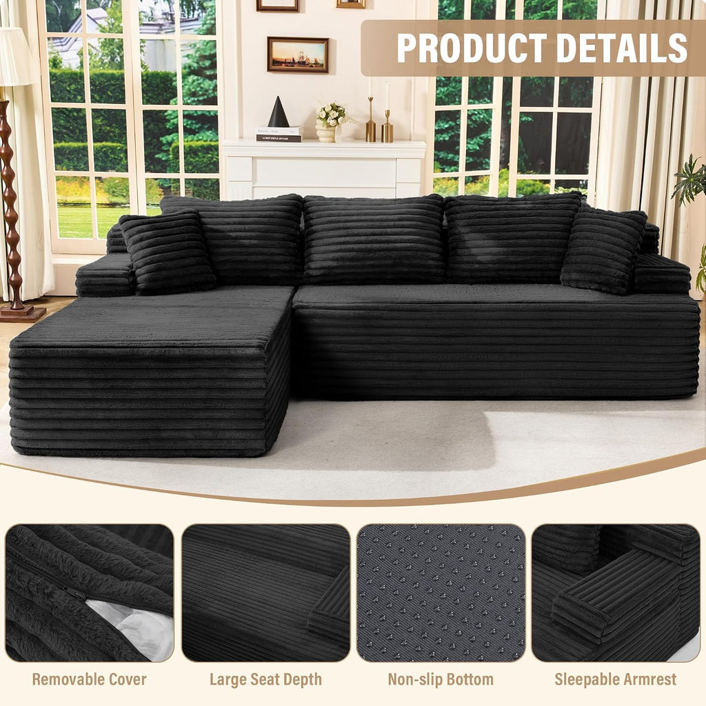 Hobestluk Modular Sectional Sofa Couches L-Shape Couch 3 Seat Modular Sofa Memory Foam Sectional Couches for Living Room, Cloud Couch with Oversized Chaise (Left Facing)