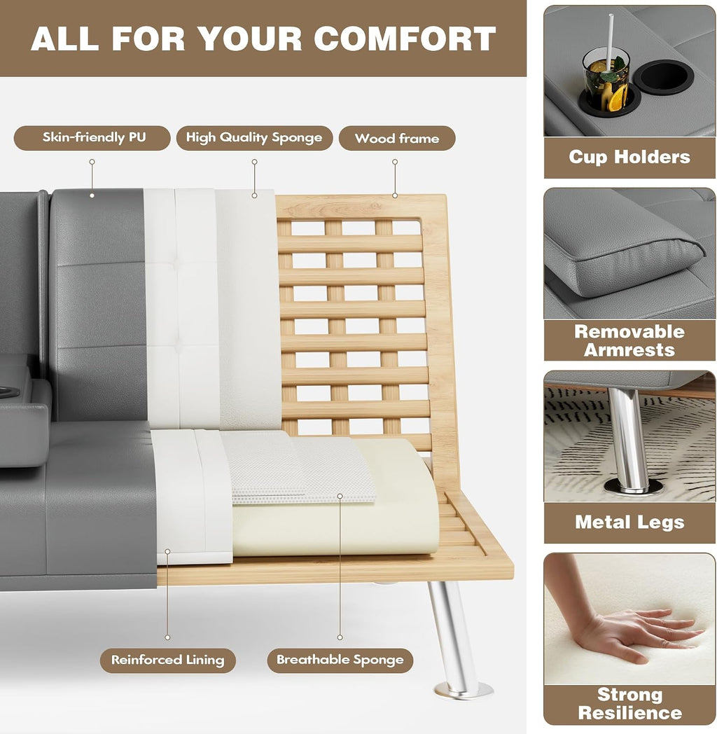 Homall Futon Sofa Bed, Leather Futon Couch with Removable Armrests, Adjustable Recliner Sleeper Sofa Bed with Dual Cup Holders for Living Room, Apartment, Office (Gray)