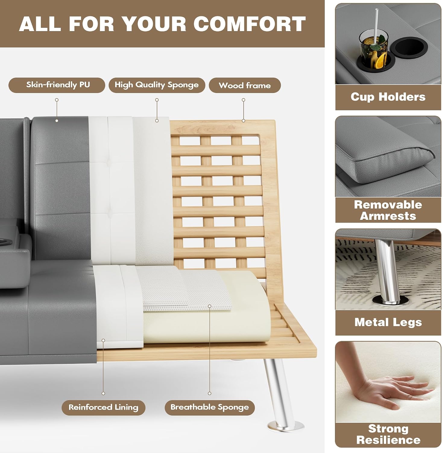 Homall Futon Sofa Bed, Leather Futon Couch with Removable Armrests, Adjustable Recliner Sleeper Sofa Bed with Dual Cup Holders for Living Room, Apartment, Office (Gray)
