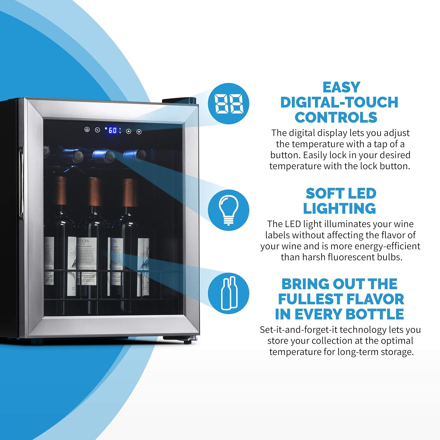 NewAir 16 Bottle Wine Cooler Refrigerator, Freestanding Wine Fridge with Stainless Steel Door, Quiet Compressor Cooling for Red, White & Sparkling Wine, Compact Mini Wine Cellar
