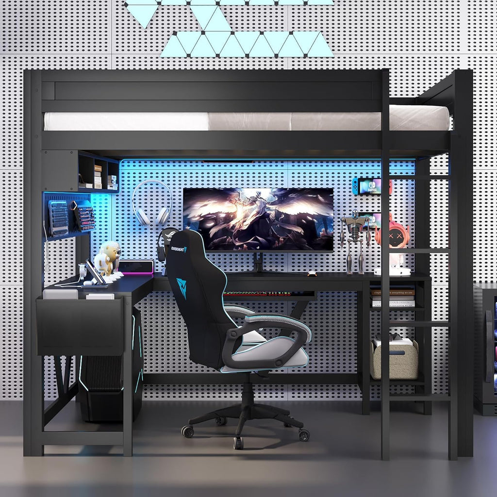 Virubi Full Gaming Loft Bed with Desk and Storage Shelves, LED RGB and Charging Station, Wood High Loft Bed with Storage Case, Ladders,and Guardrails for Adults Teens (Black)