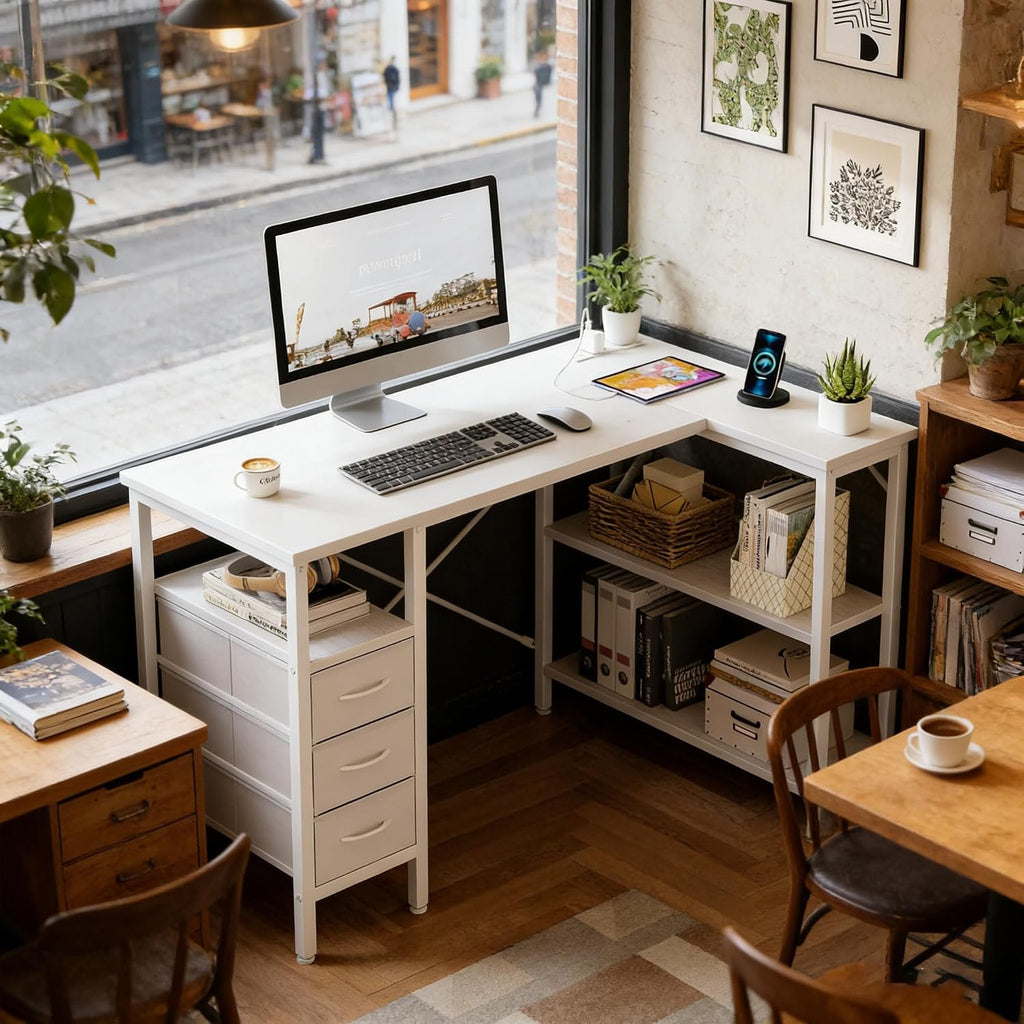 Alpen L Shaped Gaming Desk with Power Outlets, 47 Inch Computer Desk with 3 Drawers and Shelves, Corner Desk for Gaming, Study Writing PC Table with Storage and Reversible Shelf, White