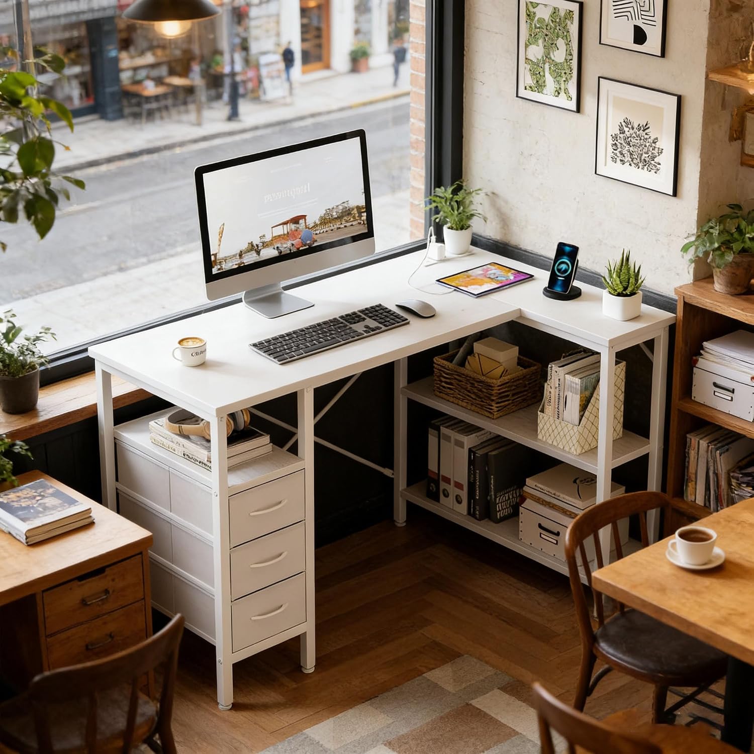 Alpen L Shaped Gaming Desk with Power Outlets, 47 Inch Computer Desk with 3 Drawers and Shelves, Corner Desk for Gaming, Study Writing PC Table with Storage and Reversible Shelf, White