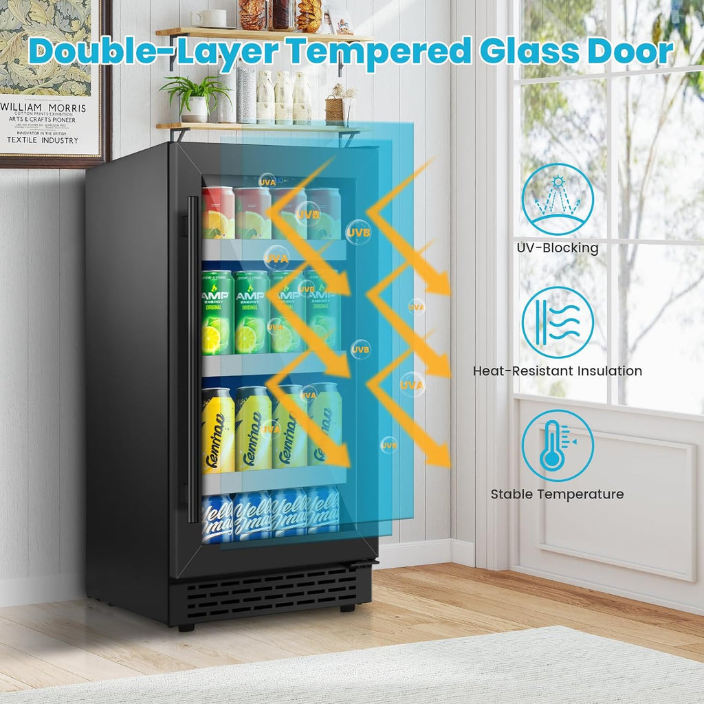15 Inch Black Beverage Refrigerator, 130 Cans Beverage Cooler Under Counter,Freestanding 37-65°F Mini Beverage Fridge with Glass Door& Stainless Steel Shelves