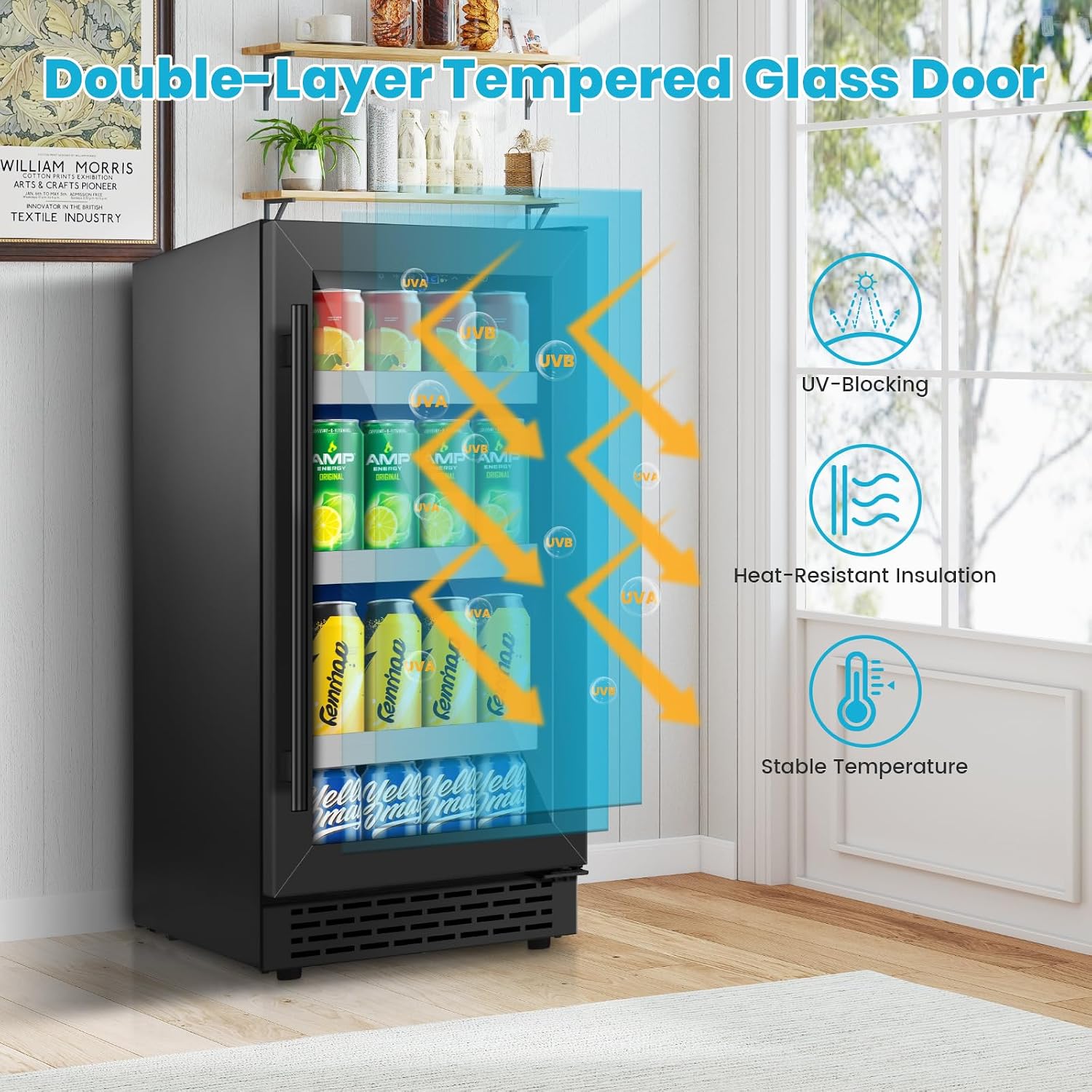 15 Inch Black Beverage Refrigerator, 130 Cans Beverage Cooler Under Counter,Freestanding 37-65°F Mini Beverage Fridge with Glass Door& Stainless Steel Shelves