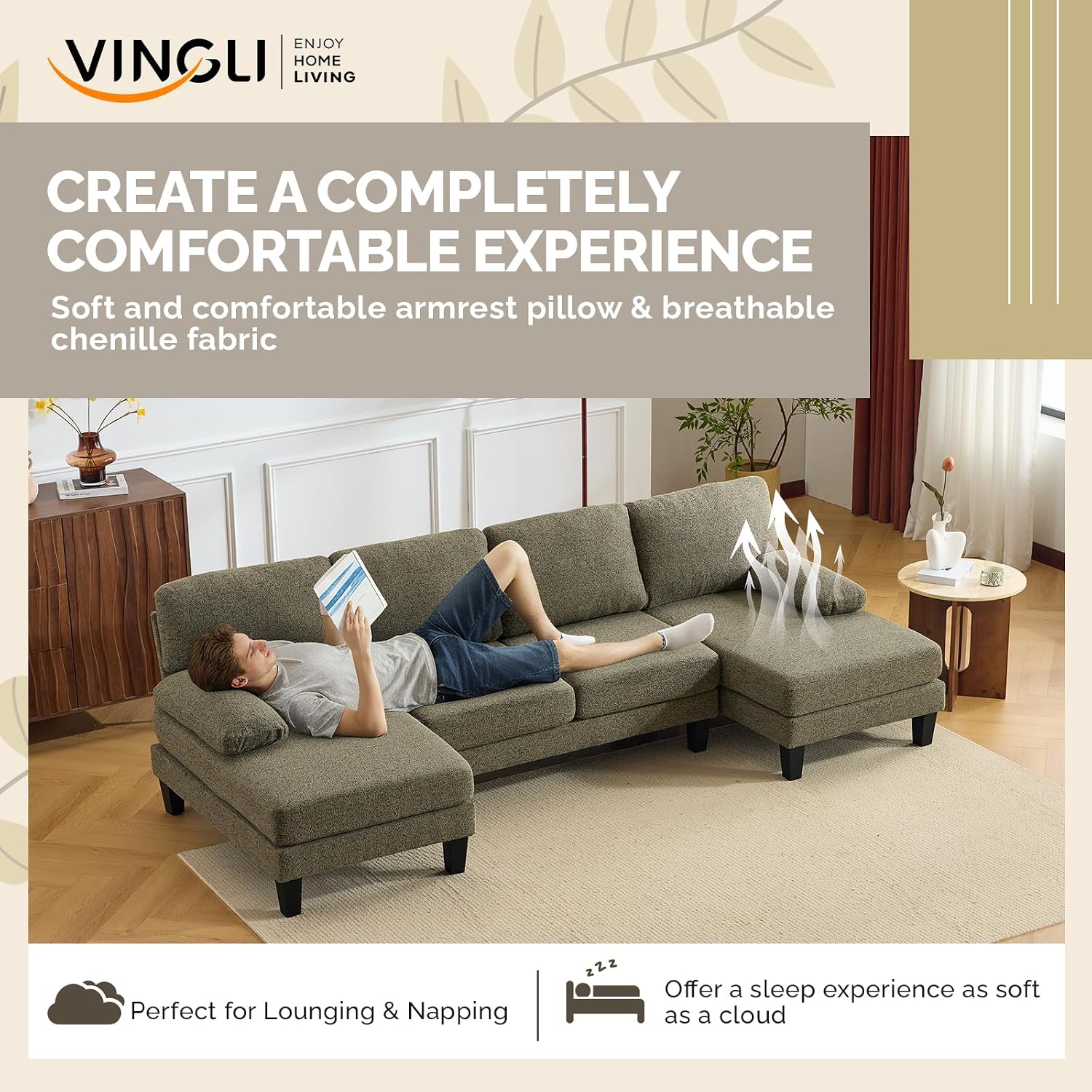 VINGLI 110' U-Shaped Sectional Couch with Two Chaise, Affordable Small Sofa with 4 Seats, Chenille Fabric Comfy Couches for Living Room, Khaki