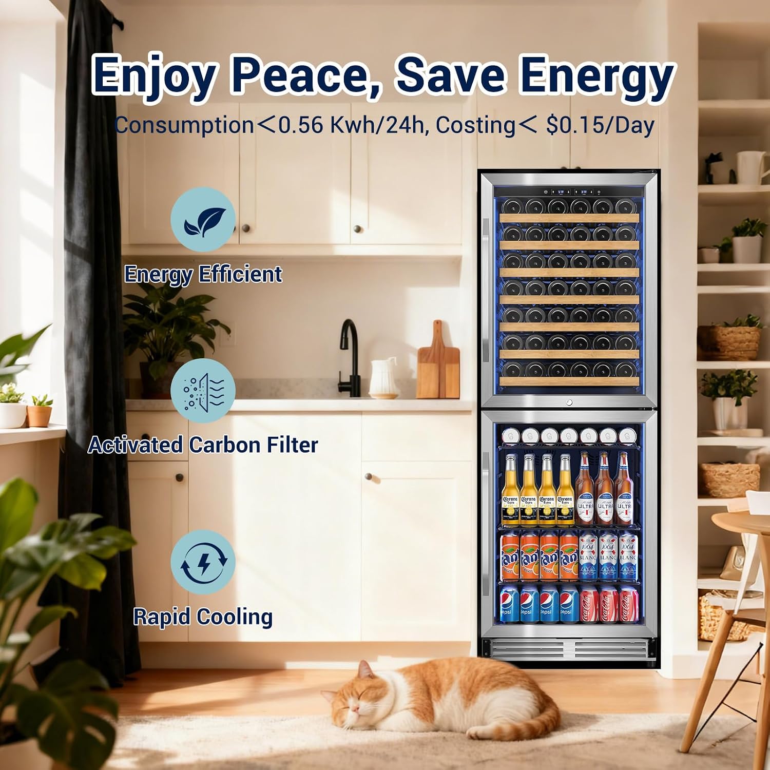 Tylza Beverage Refrigerator 24 Inch, 190 Can Built-in/Freestanding Beverage Cooler Fridge with Glass Door and Advanced Cooling Compressor for Beer and Soda or Wine, Low Noise, 37-64 F, Black