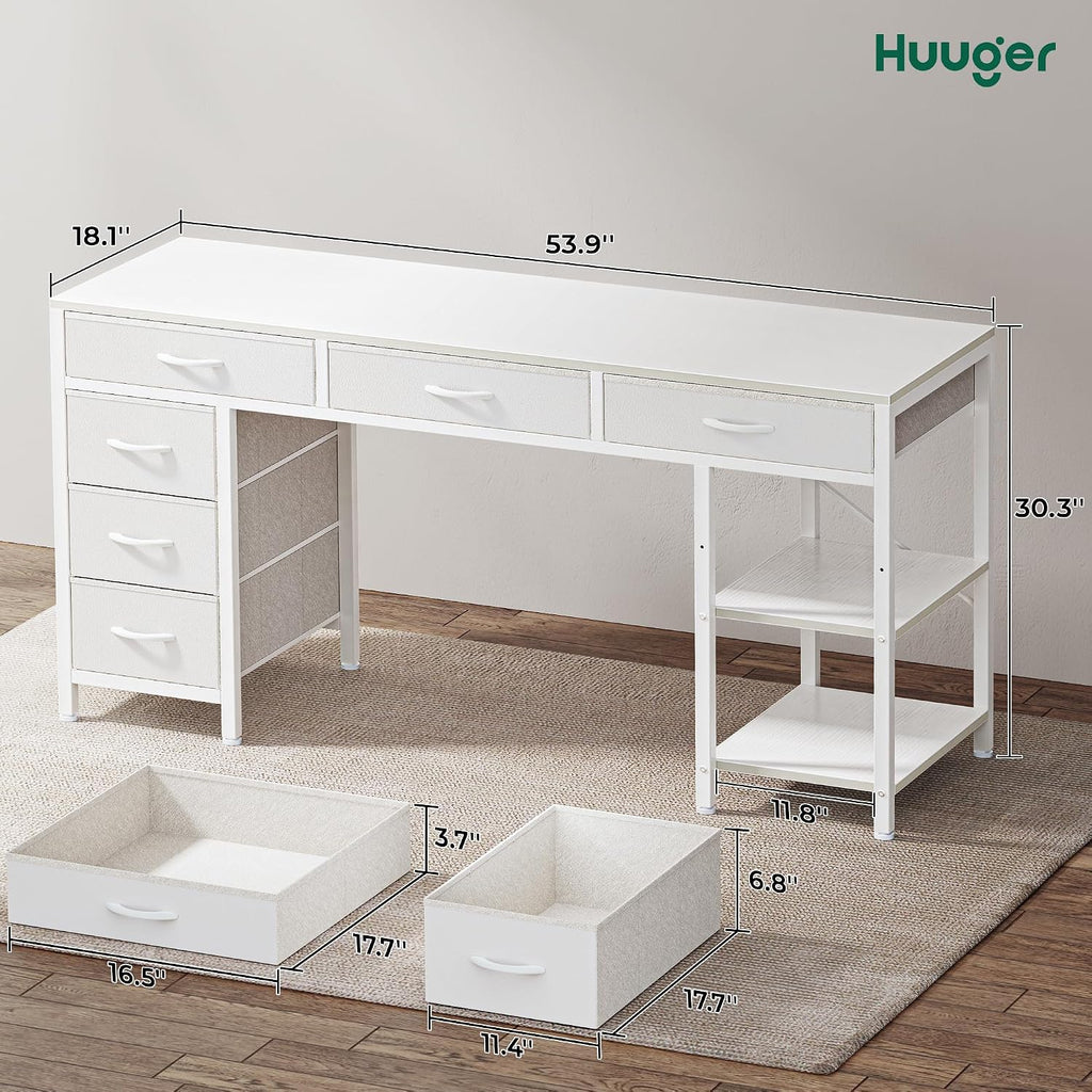 Huuger Computer Desk with 6 Drawers, Office Desk with Shelves, Reversible Gaming Desk, Corner Desk with Storage, Work for Home Office, Study, Living Room, 54inch, White