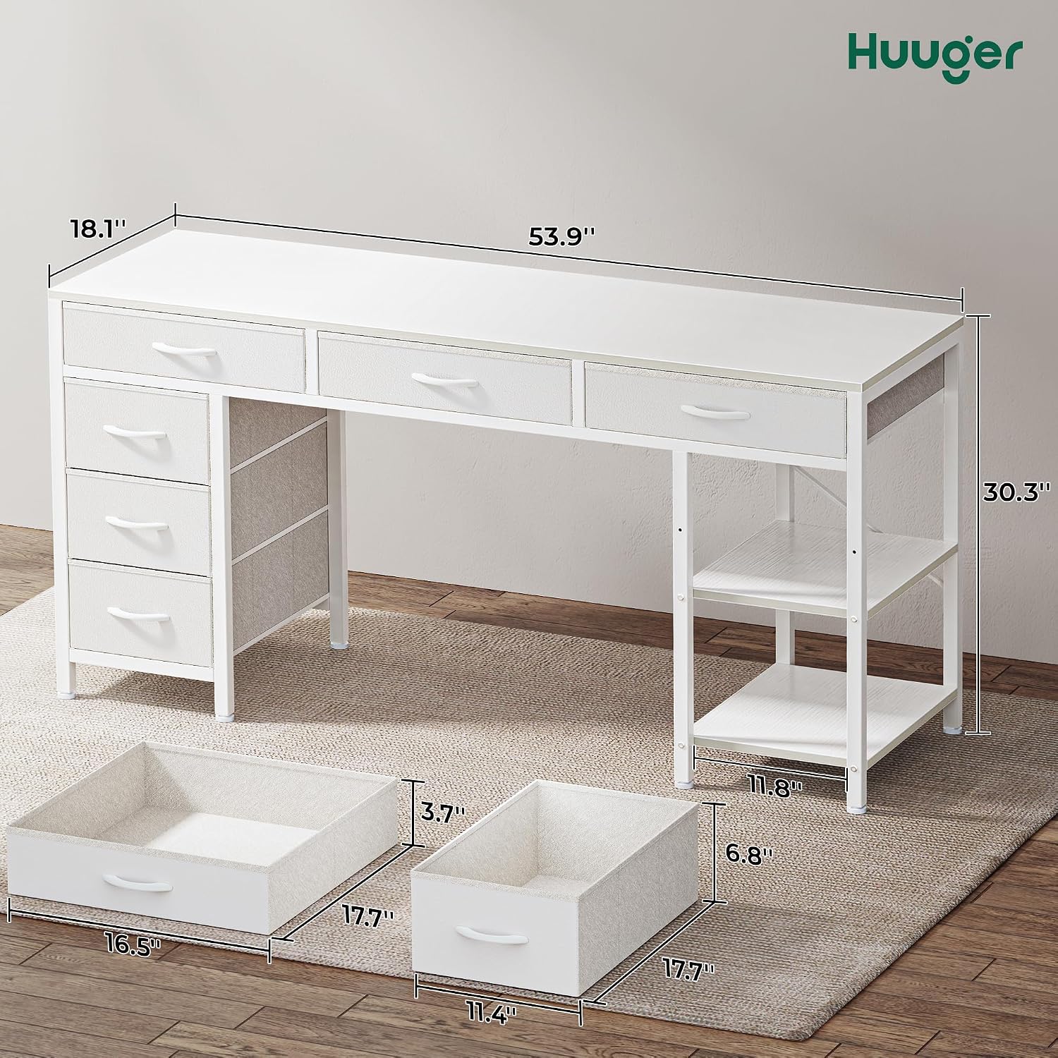 Huuger Computer Desk with 6 Drawers, Office Desk with Shelves, Reversible Gaming Desk, Corner Desk with Storage, Work for Home Office, Study, Living Room, 54inch, White