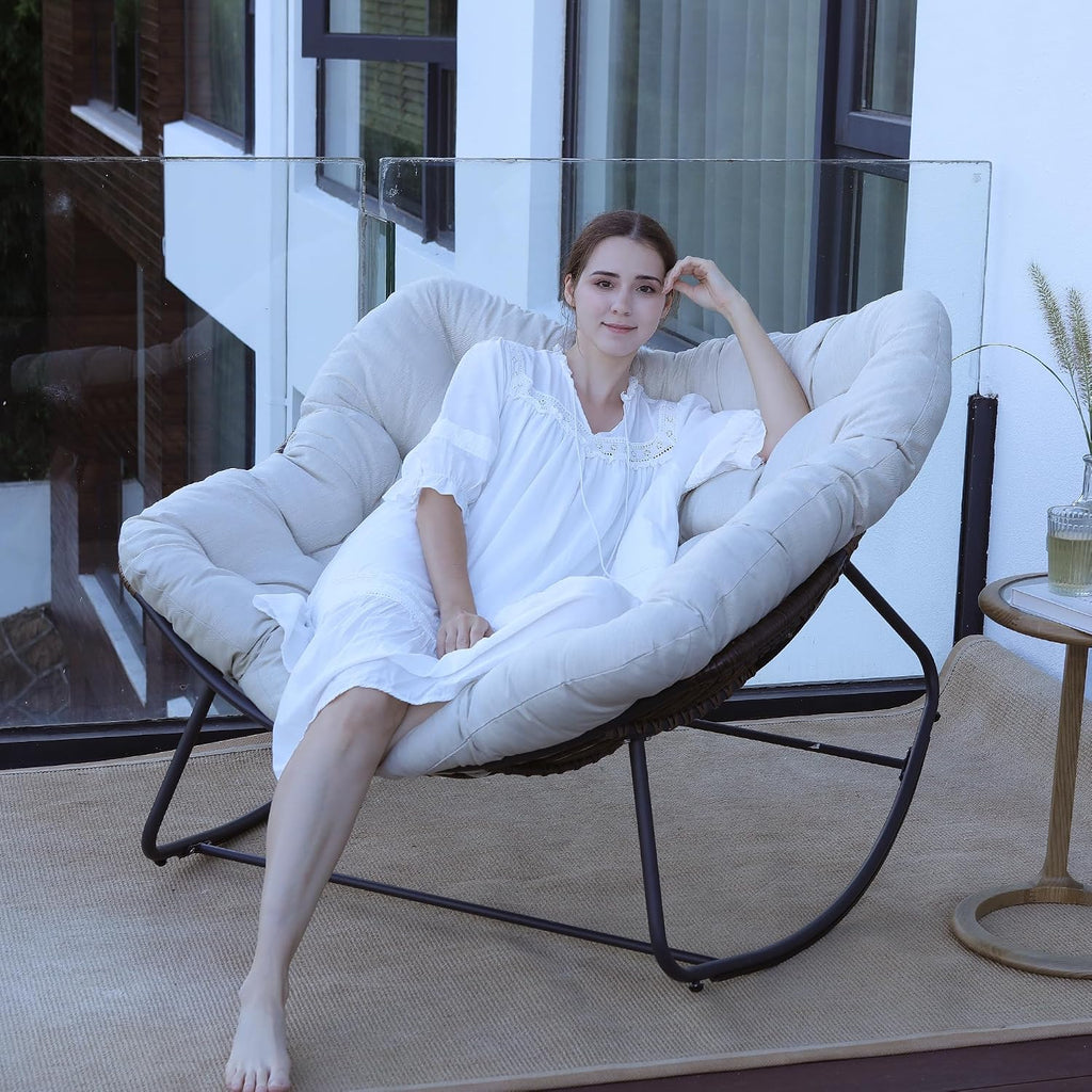Rocking Papasan Chair, Oversized Outdoor Rocking Chair Rattan Rocking Chair with Deep Seat Thick Cushion, Patio Rocking Chair for Indoor/Porch/Garden (Beige & Black), Spring, 2026