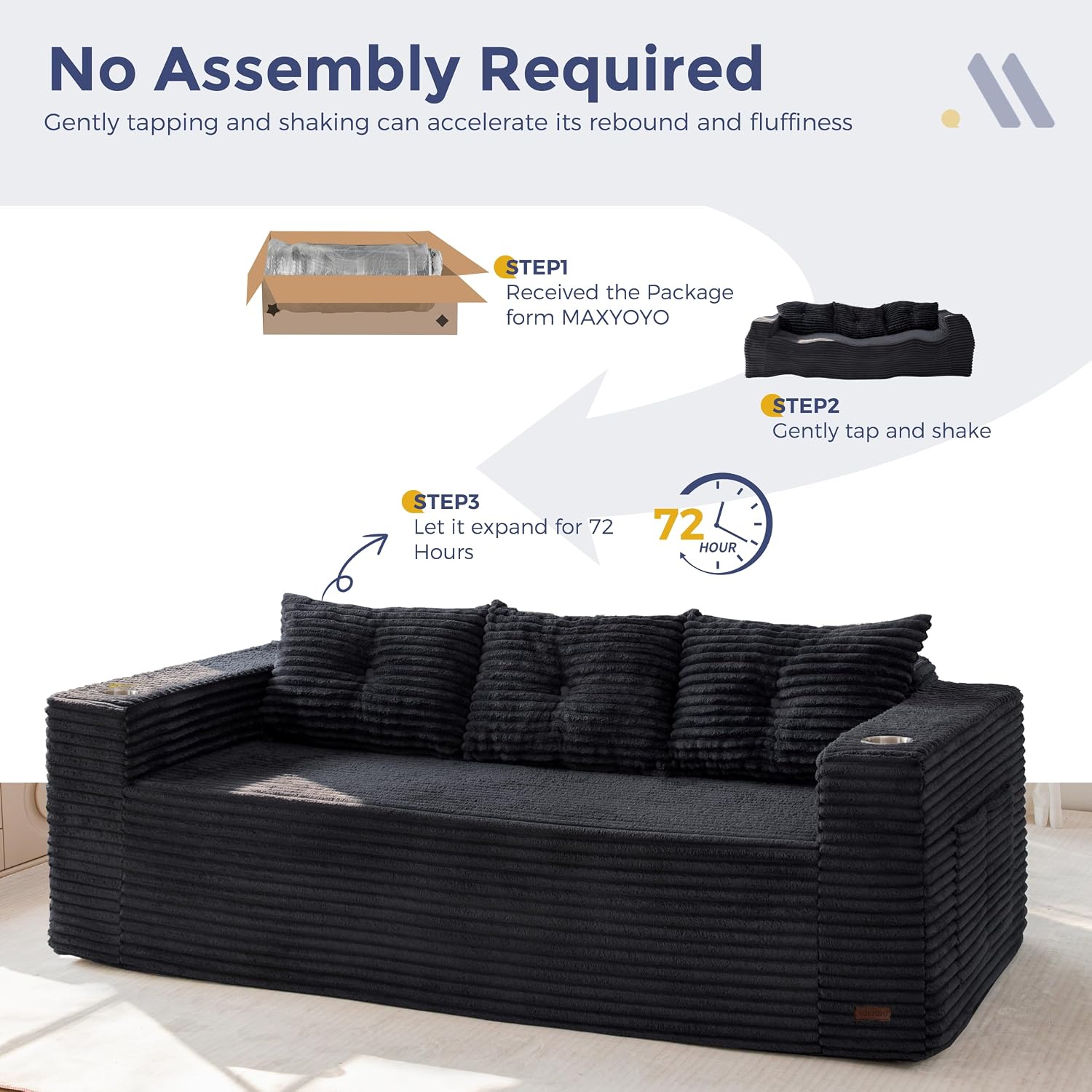 MAXYOYO 79' Oversized Boneless Loveseat Sofa Couch for Small Spaces, Mini Love Seat Floor Couch with Cup Holders and Pillows, 3-Seater Upholstered Cloud Couch for Bedroom, No Assembly Required