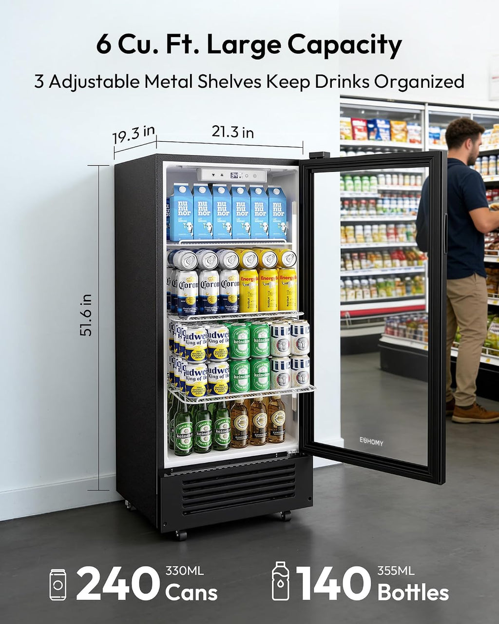 EUHOMY 6 Cu.Ft Commercial Refrigerators with Double-Tempered Glass Door, Beverage Refrigerator with Lock and Adjustable Shelves, Display Fridge with LED Light for Bar, Office, Restaurant, ETL Listed