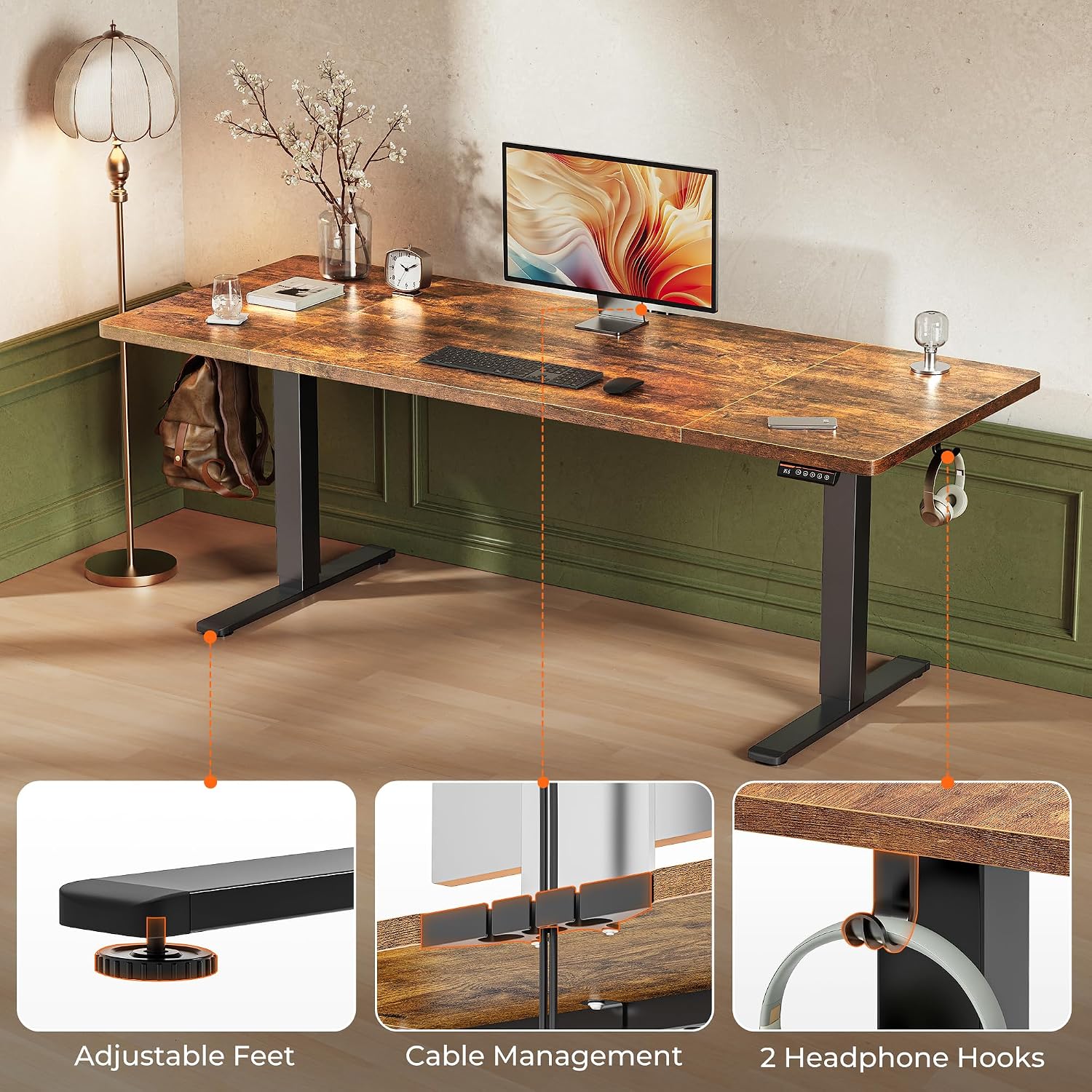 Huuger 71 x 30 Large Electric Standing Desk, Height Adjustable Computer Desk, 29.5' Deep Desktop, Stand up Gaming Office Table with 2 Hooks, 3 Preset Heights, for Home Office, Rustic Brown