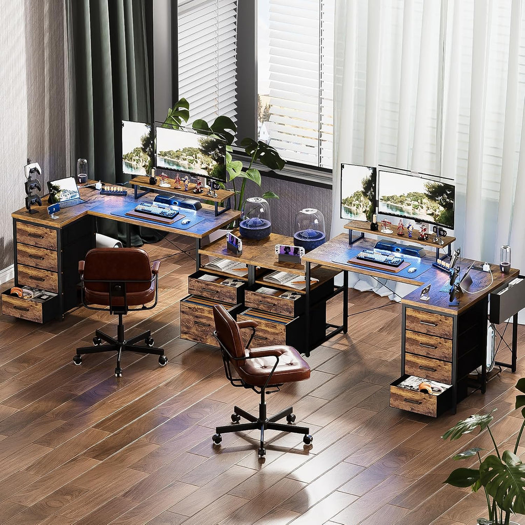 Unikito Reversible L Shaped Computer Desk with Fabric File Drawers, 70.8' Large Office Desk with RGB LED Lights & Power Outlets & Monitor Stand & CPU Stand, Sturdy Corner Gaming Desk, Rustic Brown