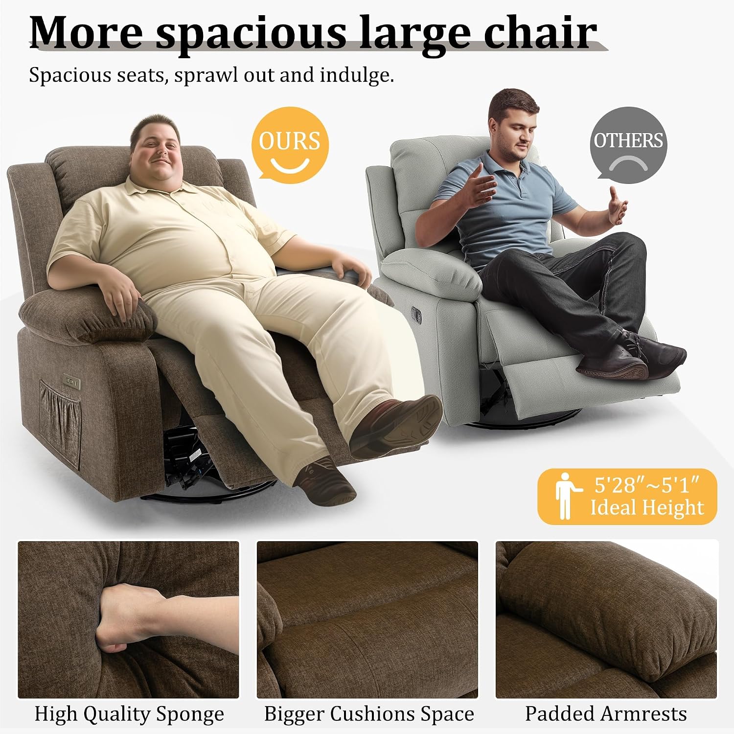 Korser Power Recliner Chair, Electric Rocker Recliner with Massage and Heat, 270° Swivel Glider, Oversized Wide Seat with USB Port, Cashmere Nursery Chair for Living Room, Brown
