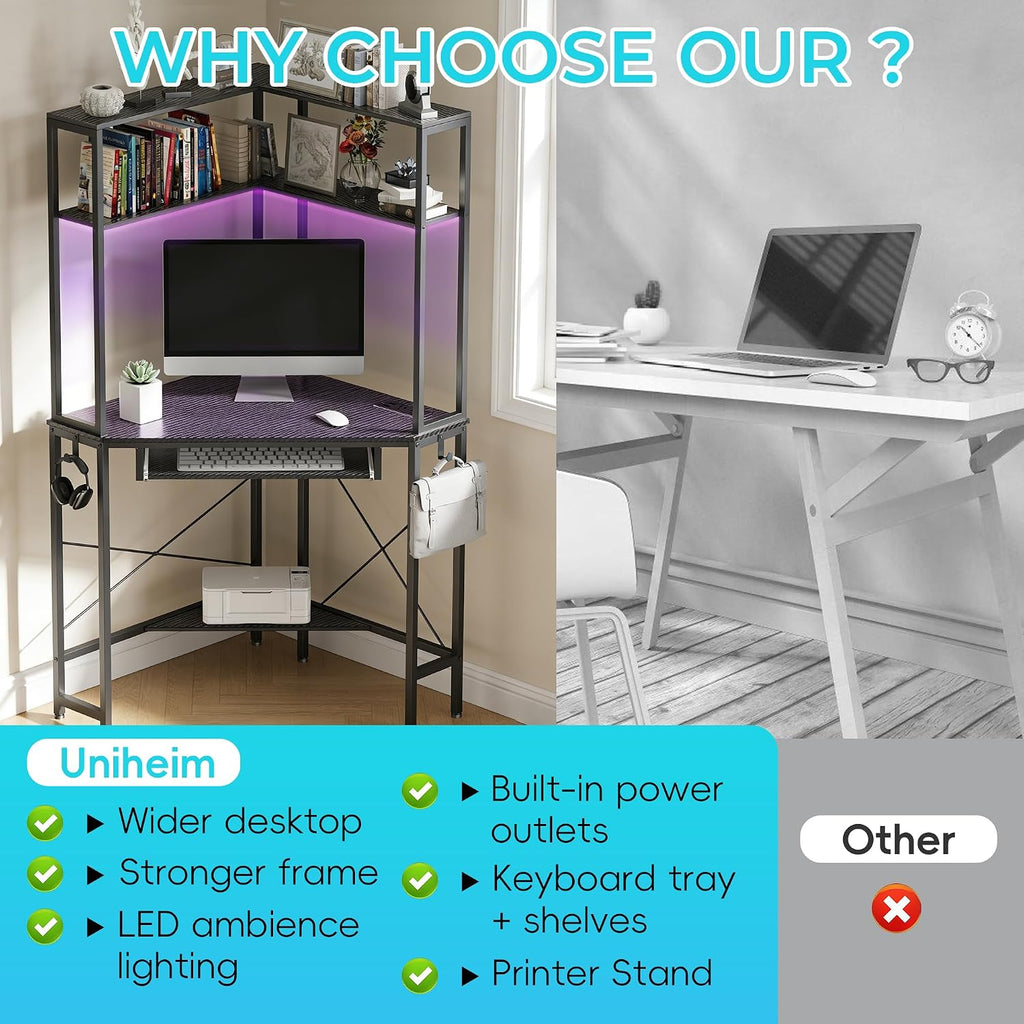 Corner Desk with Hutch and LED Lights, Corner Computer Desk with Keyboard Tray and Monitor Stand, Small Computer Desk for Small Spaces, Home Office（Carbon Black）