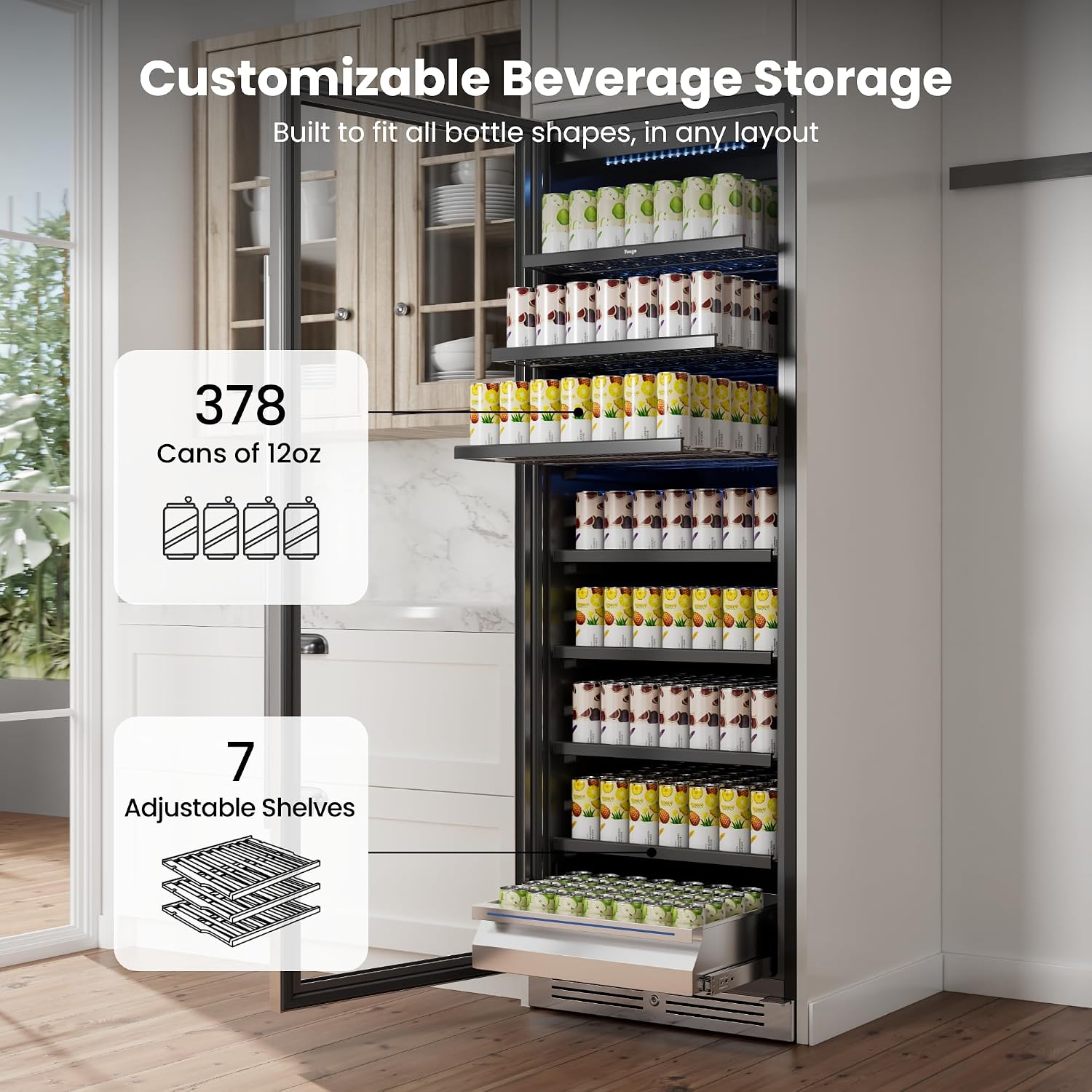 Beverage Refrigerator 24 inch -378 Cans Capacity Beverage Cooler, Upgraded Beverage Refrigerator Freestanding or Built-In, Drink Cooler for Soda, Water, Beer or Wine - For Kitchen, Bar or Office