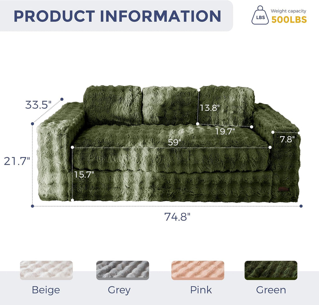 MAXYOYO 3-Seater Boneless Sofa Couch, Modern Bubbled Sofa for Living Room, Soft Bean Bag Chair High-Density Foam Couch with Pillows, No Assembly Required