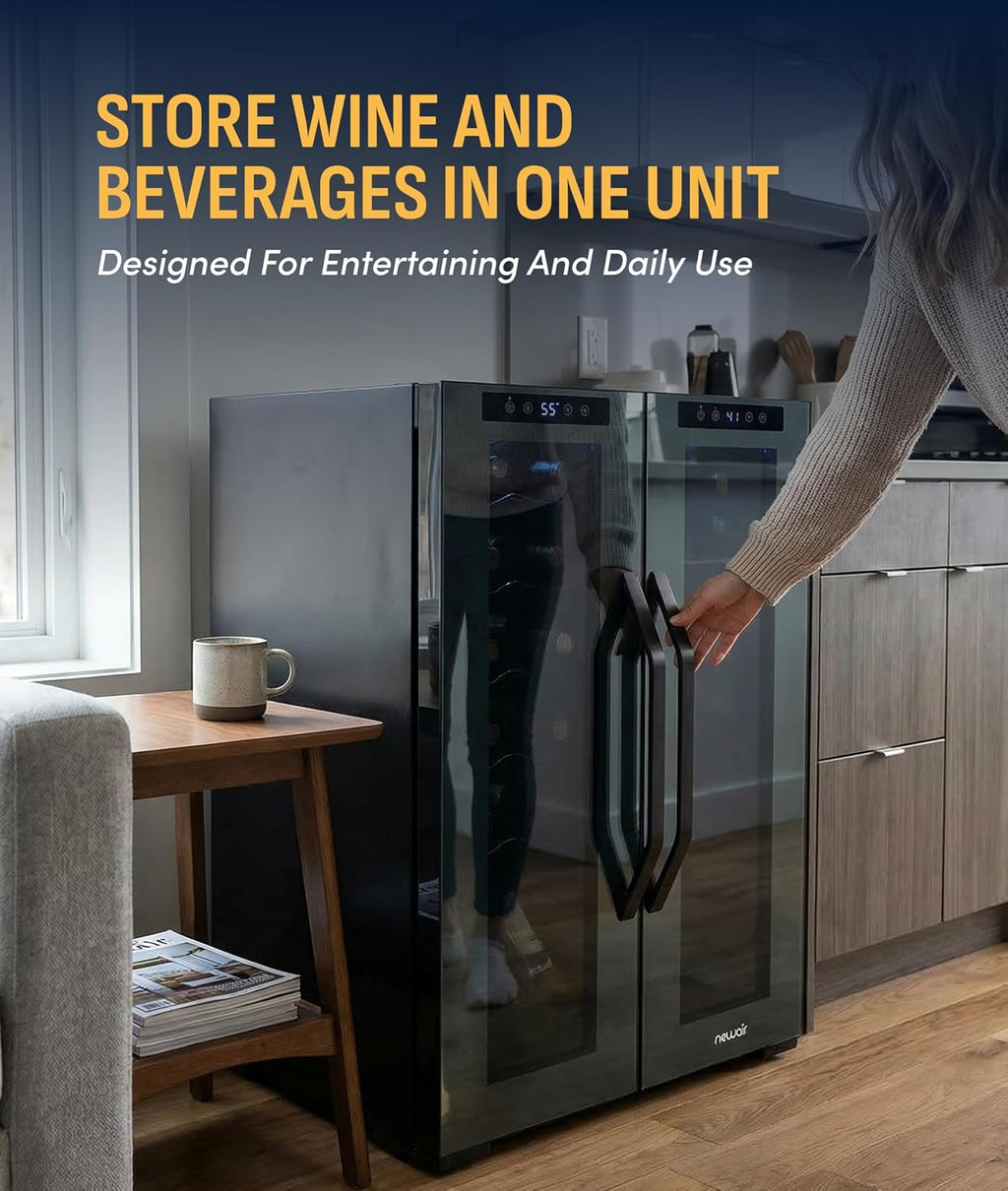 NewAir 20' Dual Zone Beverage Refrigerator & Wine Cooler for 12 Bottles & 39 Cans | Freestanding or Built-In Under Counter Mini Fridge for Beer, Wine and Soda | Black