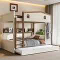 Queen Over Queen Bunk Bed with Trundle, Hooks and Storage Shelves, Solid Wood Bunk Beds for Kids Teens, Bedroom Space-Saving Furniture (Beige+Natural/T)