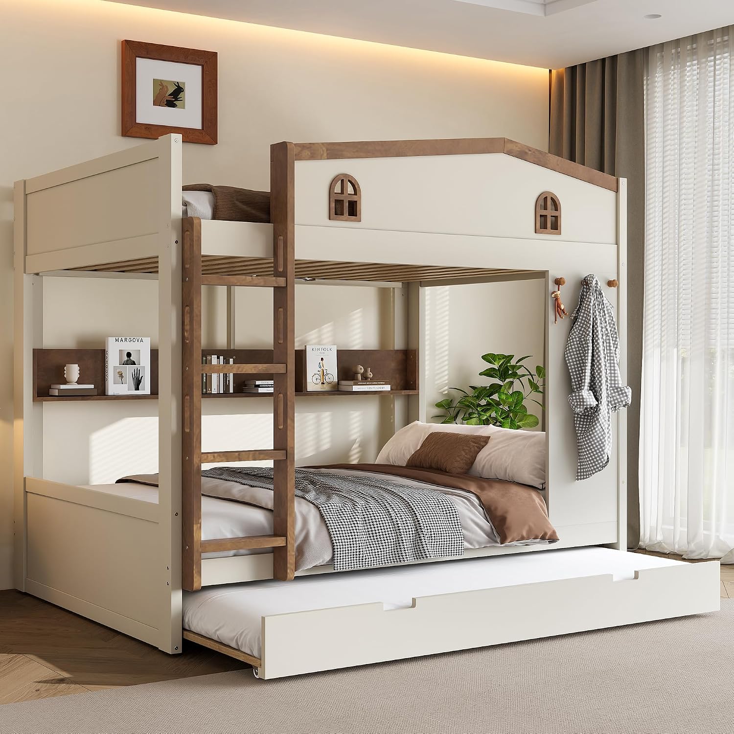 Queen Over Queen Bunk Bed with Trundle, Hooks and Storage Shelves, Solid Wood Bunk Beds for Kids Teens, Bedroom Space-Saving Furniture (Beige+Natural/T)
