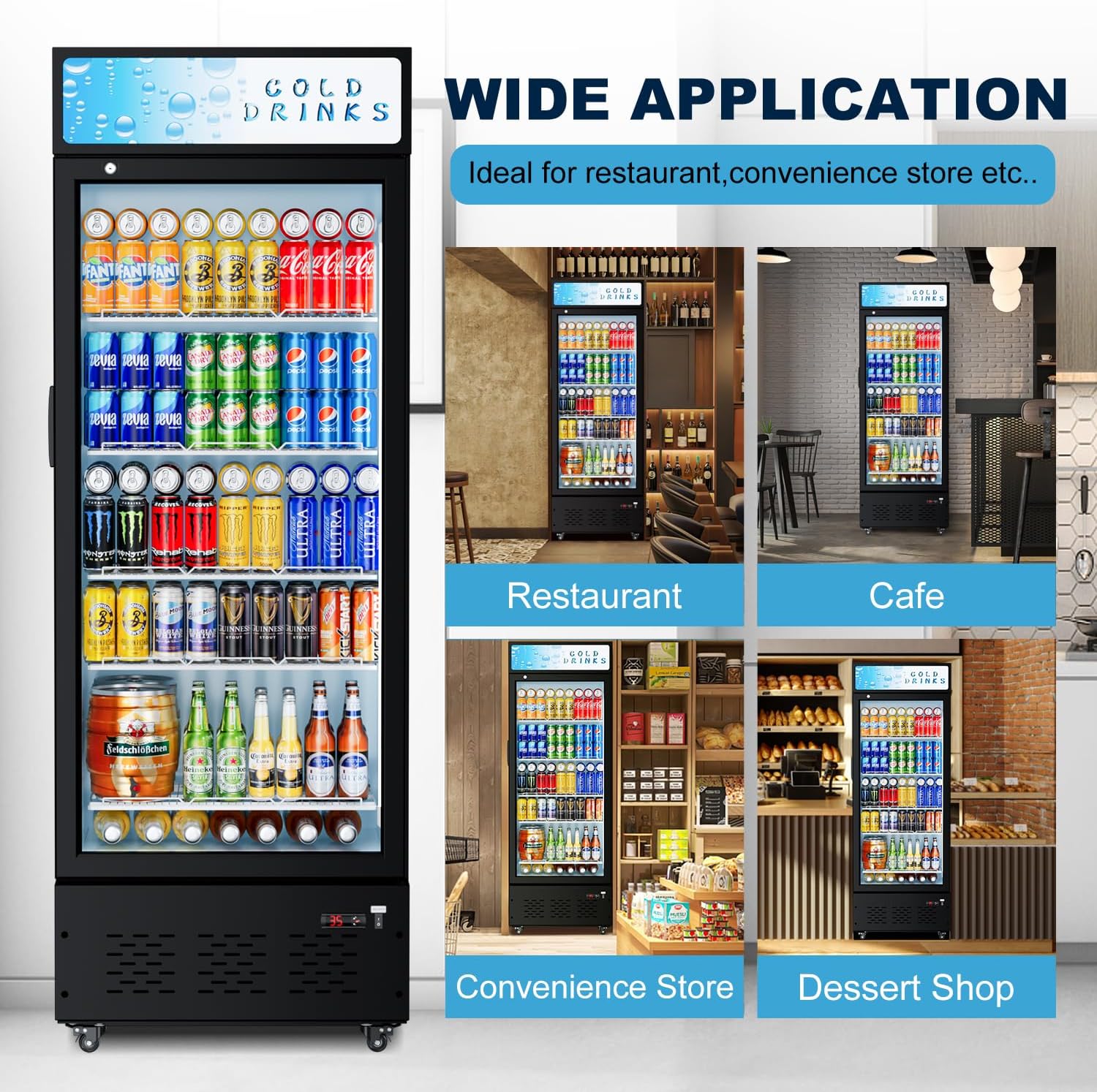 25.7'' W Commercial Refrigerators with Glass Door, 15 Cu.ft. Beverage Refrigerators Commercial Fridge Upright Display Cooler with Soft LED Light and Adjustable Shelves for Restaurant Stores