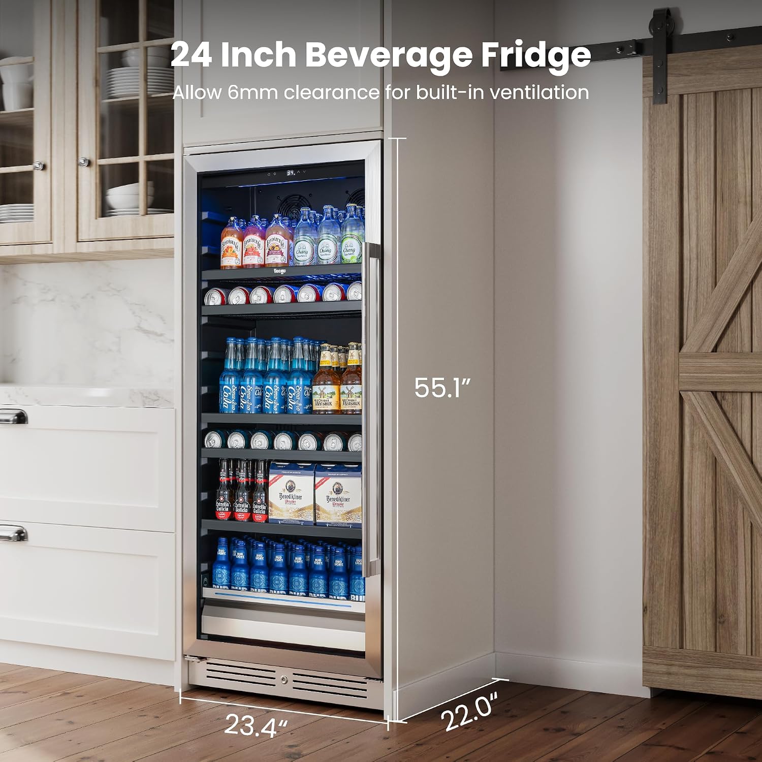 Yeego Beverage Refrigerator 24 inch - 238 Cans Capacity Beverage Cooler, Upgraded Beverage Fridge Freestanding or Built-In, Drink Cooler for Soda, Water, Beer or Wine - For Kitchen, Bar or Office