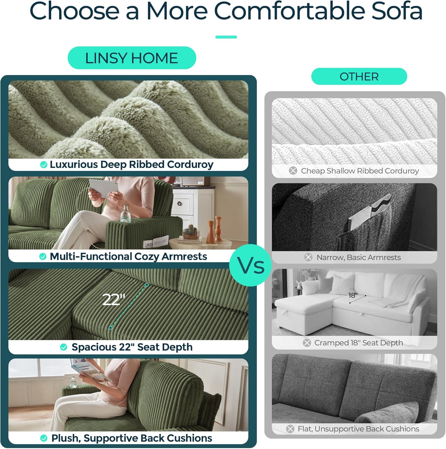 LINSY HOME Sectional Sleeper Sofa with Pull Out Couch Bed for Living Room (Green) | USB Charging, Storage Chaise, Storage Ottoman, Plush Corduroy, Pull Out Couch