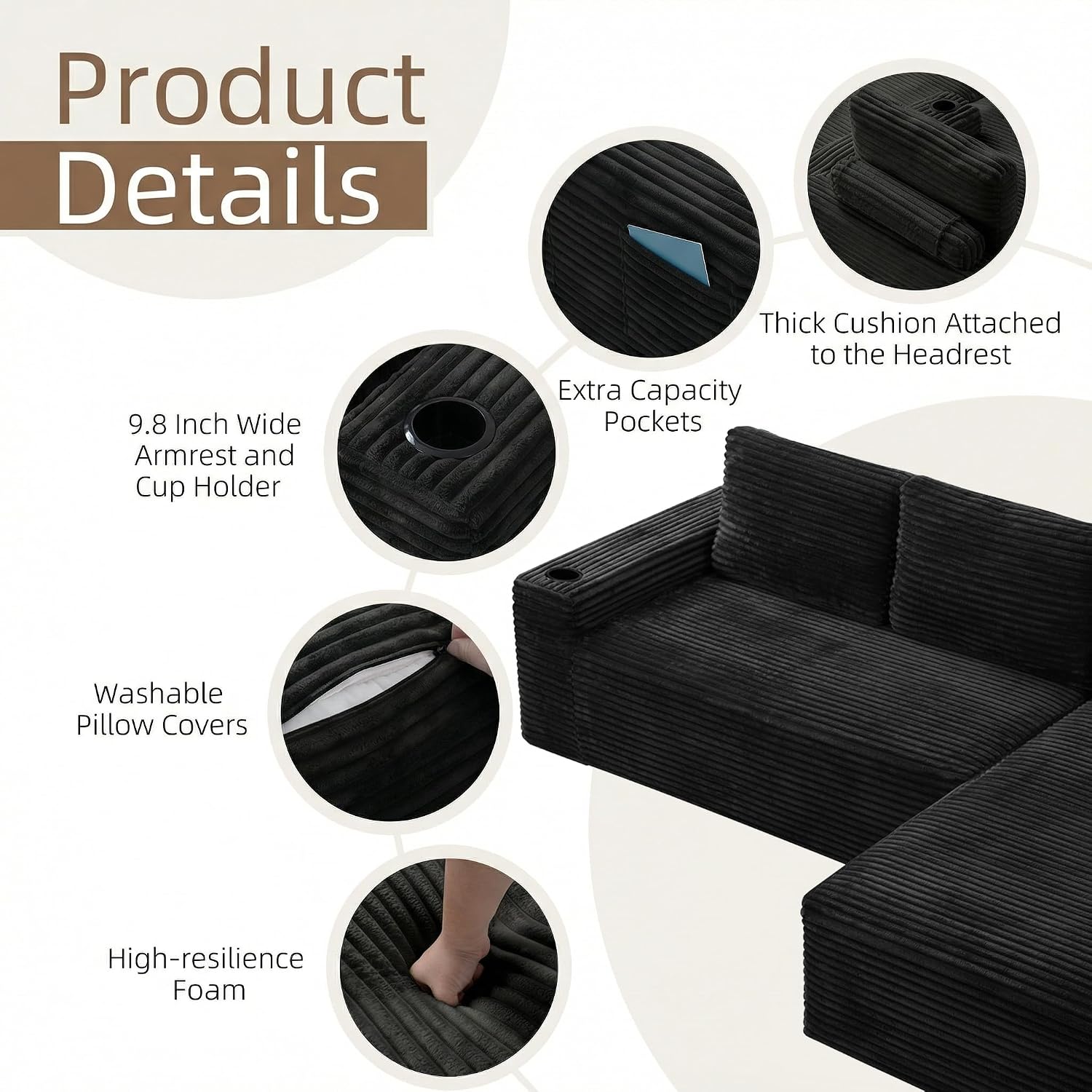 104' L Shaped Boneless Sectional Couches for Living Room, Comfy Corduroy Floor Cloud Sofa with Chaise and Cup Holder, Wide Armrest, Deep Seat, Assembly Free, Ideal for Small Spaces, Black