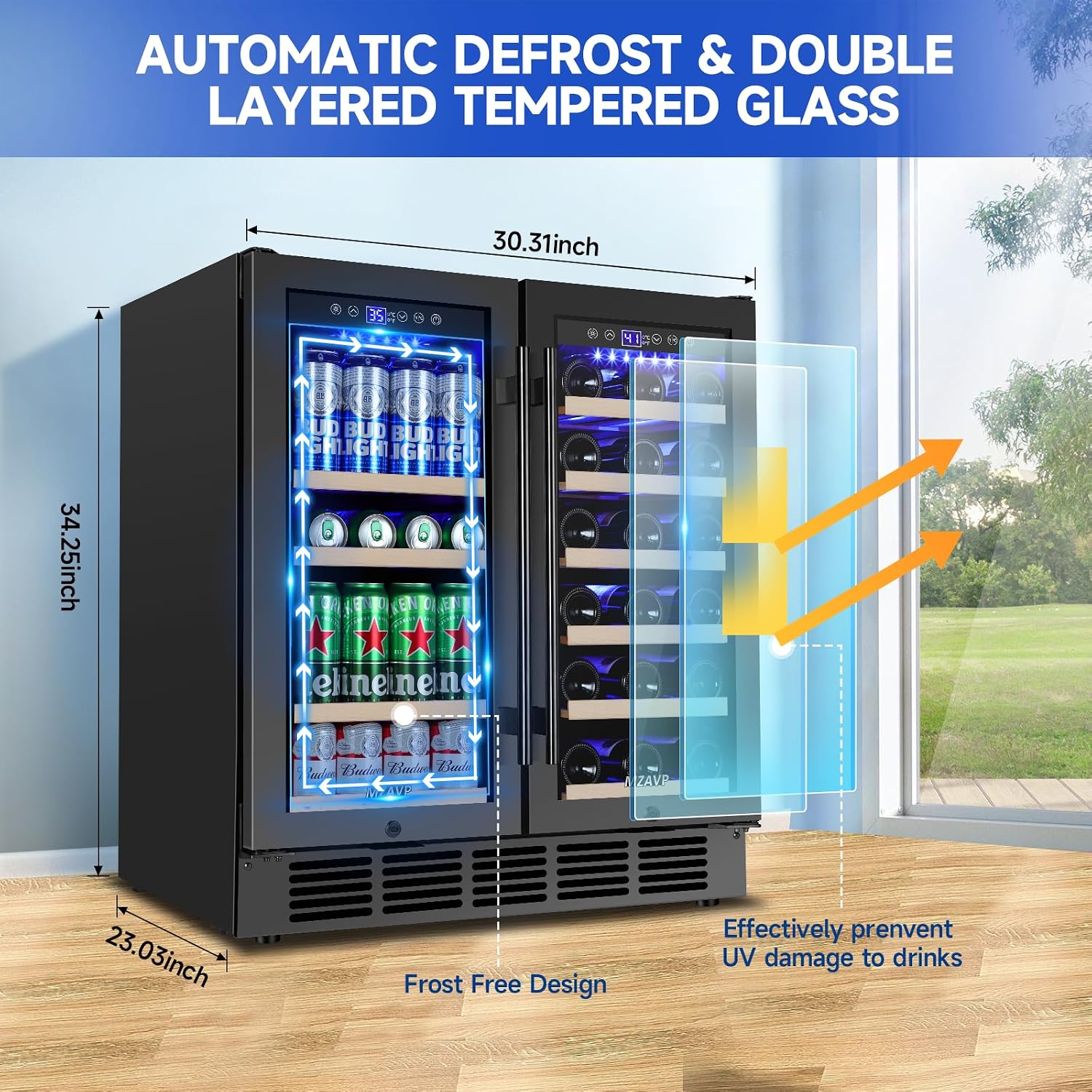 30 Inch Wine and Beverage Refrigerator, Dual Zone Wine Beverage Cooler, 30' Wine Cooler Under Counter or Freestanding Wine Beer Fridge with Upgraded Cooling, Holds 30 Bottles and 110 Cans, Black