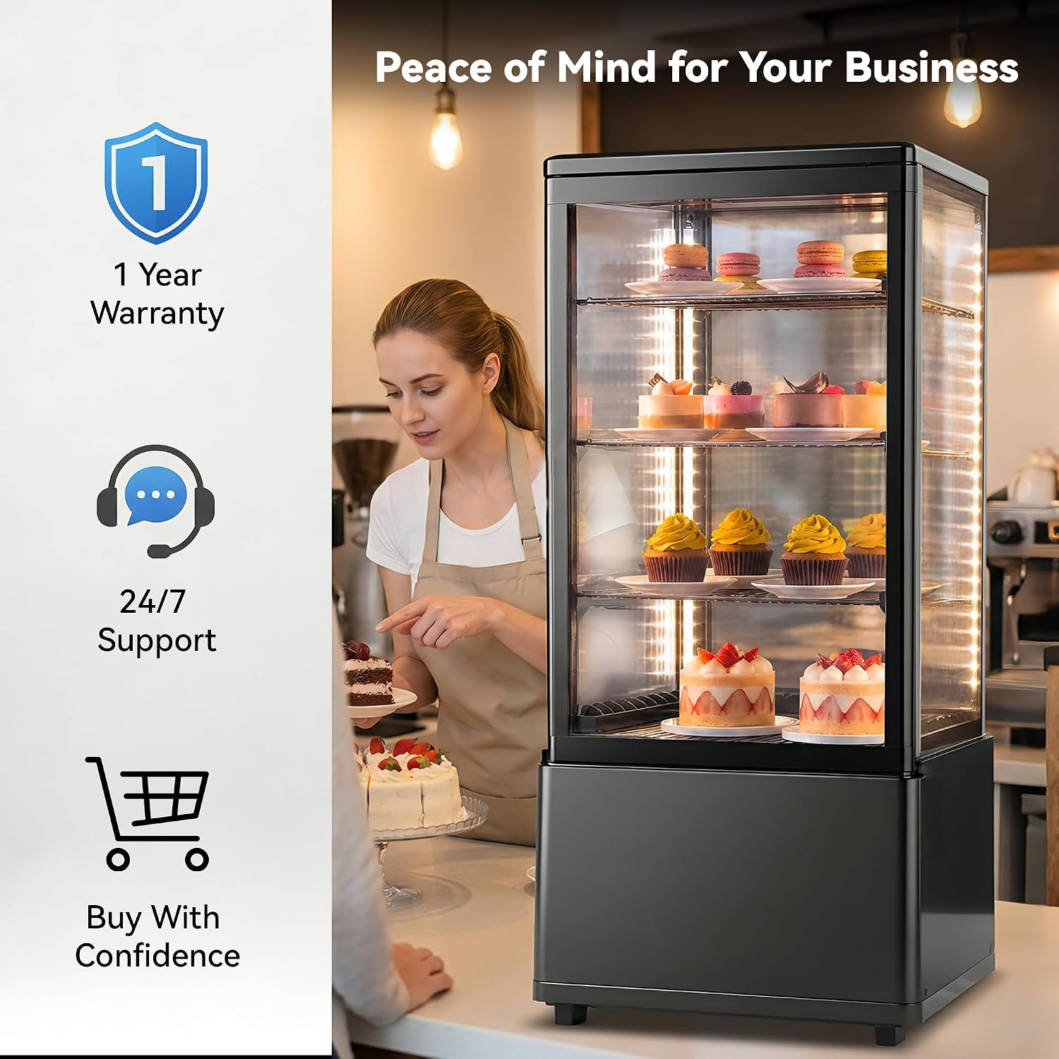 Tylza Refrigerated Display Case Countertop, 2.7 Cu.Ft/78L Commercial Display Refrigerator, LED Lighted Showcase, Double Glass Door, 32-54°F, Auto Defrost Air Cooling for Bakery, Cafe, Store