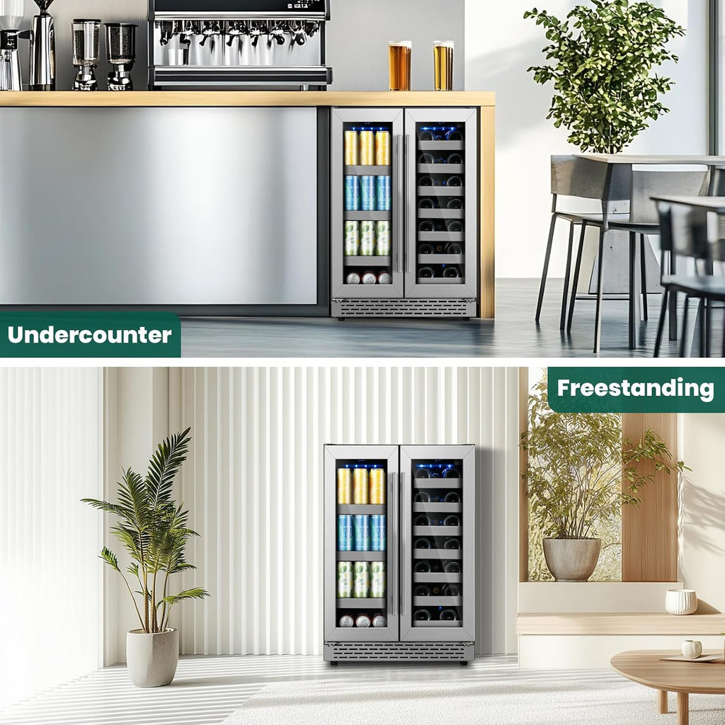 24 inch Wine and Beverage Refrigerator, Upgraded Dual Zone Wine Cooler Refrigerator with Glass Door, 20 Bottles and 88 Cans Beverage Fridge Under Counter or Freestanding for Beer Soda Bar