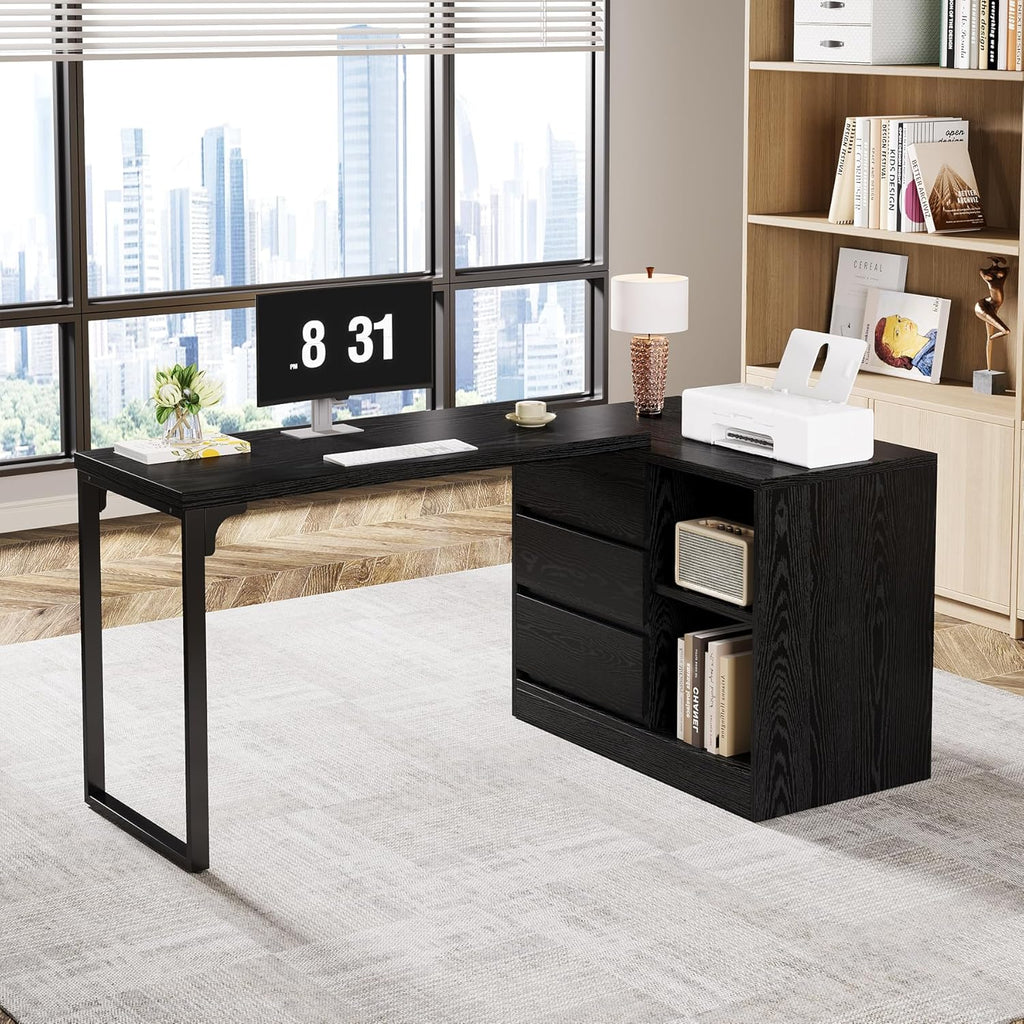 Tribesigns L-Shaped Computer Desk with Drawers and Shelves, Reversible Corner Office Desk with Storage Cabinet, Modern Study Writing Table for Home Office, Bedroom (Black)