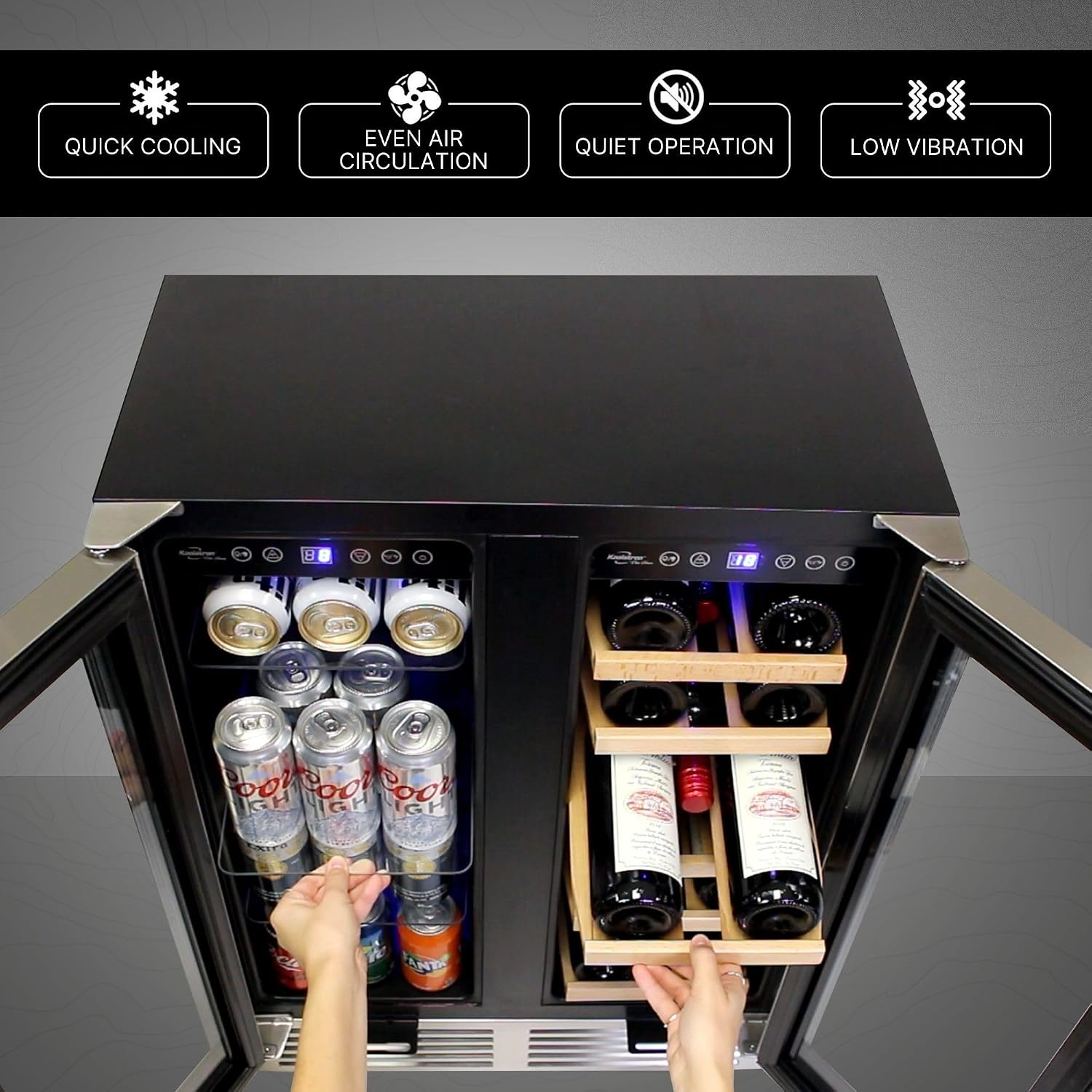Koolatron 18 Bottle 56 Can Wine Fridge – Wine Cooler with Glass Door, 150 L Beverage Can Refrigerator, Digital Temperature Control/Dual temperature zone, Ideal for White,Red & Sparkling Wine