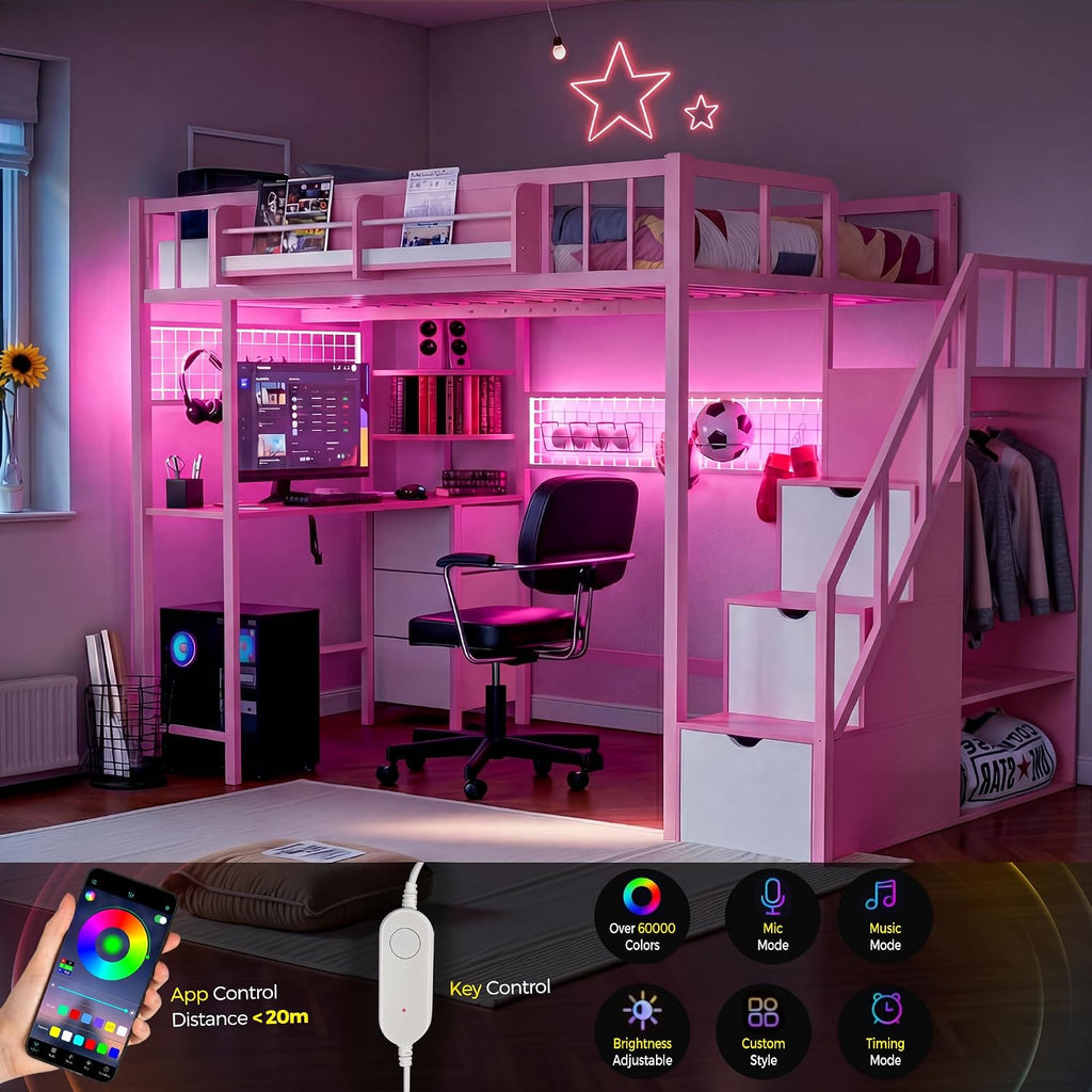 Kikihouse Twin Size Loft Bed with Desk and Stairs, Headboard, Wardrobe, Bedside Storage Shelf, 6 Drawers, Charging Station & LED Light, Metal Gaming Loft Bed Frame for Adult Space-Saving