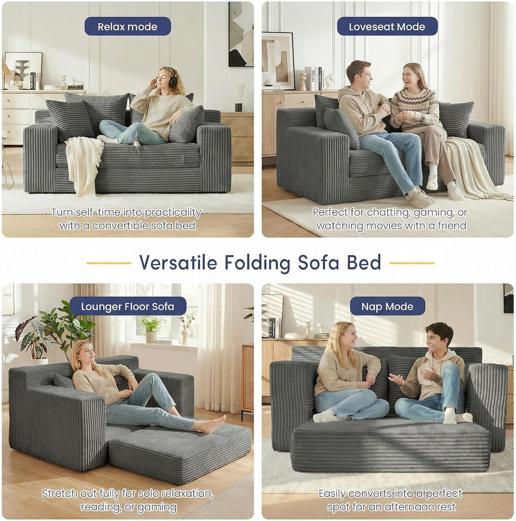 cidludto Boneless Couch Loveseat Sleeper, Convertible Sofa Bed Folding Couch Bed Foldable, 2 in 1 Boneless Chair Bed & Futon Sofa Bed, Small Pull Out Sofa with 4 Pillows for Living Room, Grey | No Assembly, Convertible, 2 in 1, Pull Out Handle, 4 Pillows