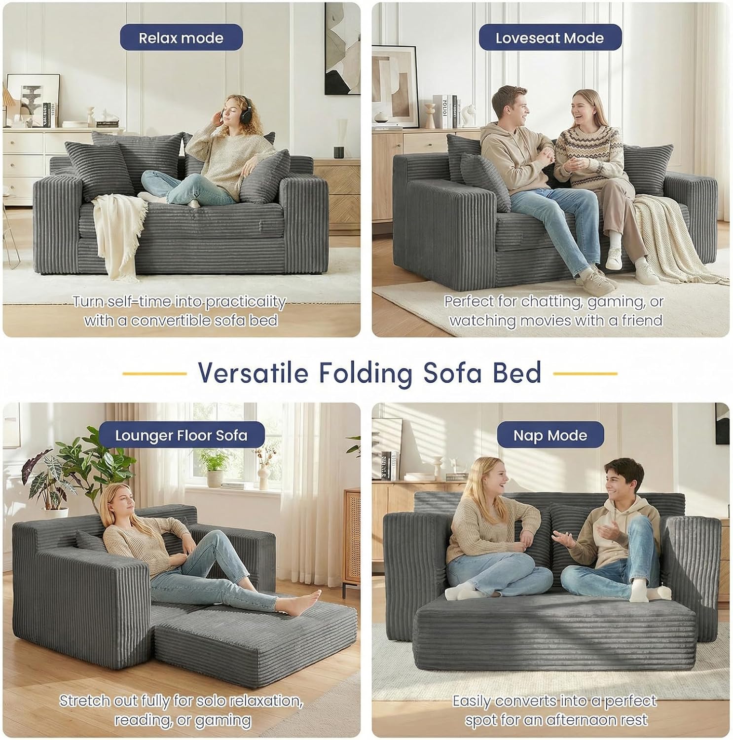 cidludto Boneless Couch Loveseat Sleeper, Convertible Sofa Bed Folding Couch Bed Foldable, 2 in 1 Boneless Chair Bed & Futon Sofa Bed, Small Pull Out Sofa with 4 Pillows for Living Room, Grey | No Assembly, Convertible, 2 in 1, Pull Out Handle, 4 Pillows