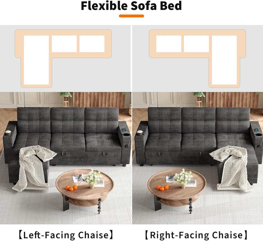 GarveeLife Couches for Living Room, 84'' L-Shaped Sectional Sleeper Sofa with Pull Out Bed, Comfy Sofa Bed with Charging Ports and Storage Armrests, Dark Grey