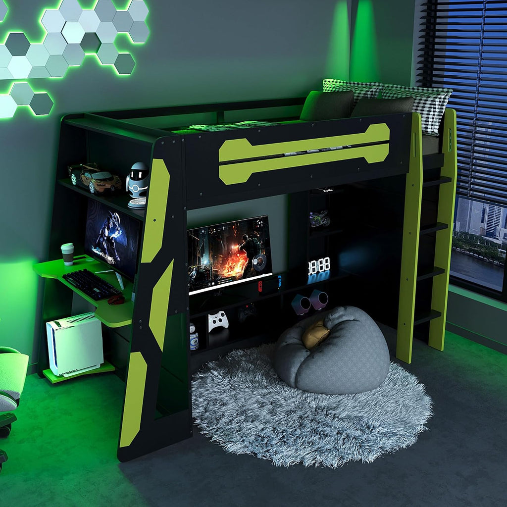 Virubi Twin Gaming Loft Bed with Desk and Storage Shelves & LED RGB Light, Gaming Bed Frame with Storage Shelves,Ladder and Guardrail for Teens Adults (Green,Twin)