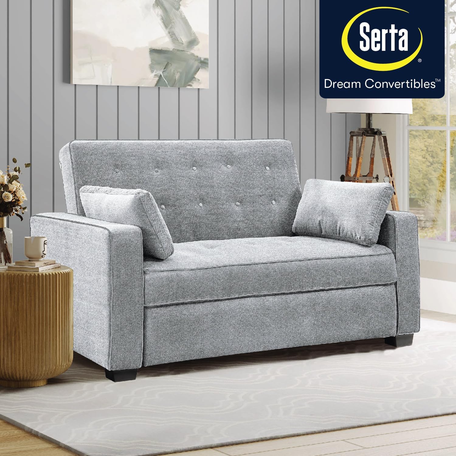 Serta Ainsley 72.6' Convertible Sleeper Sofa, Queen Size, Dreamcoil Comfort, Soft Woven Fabric, Light Grey